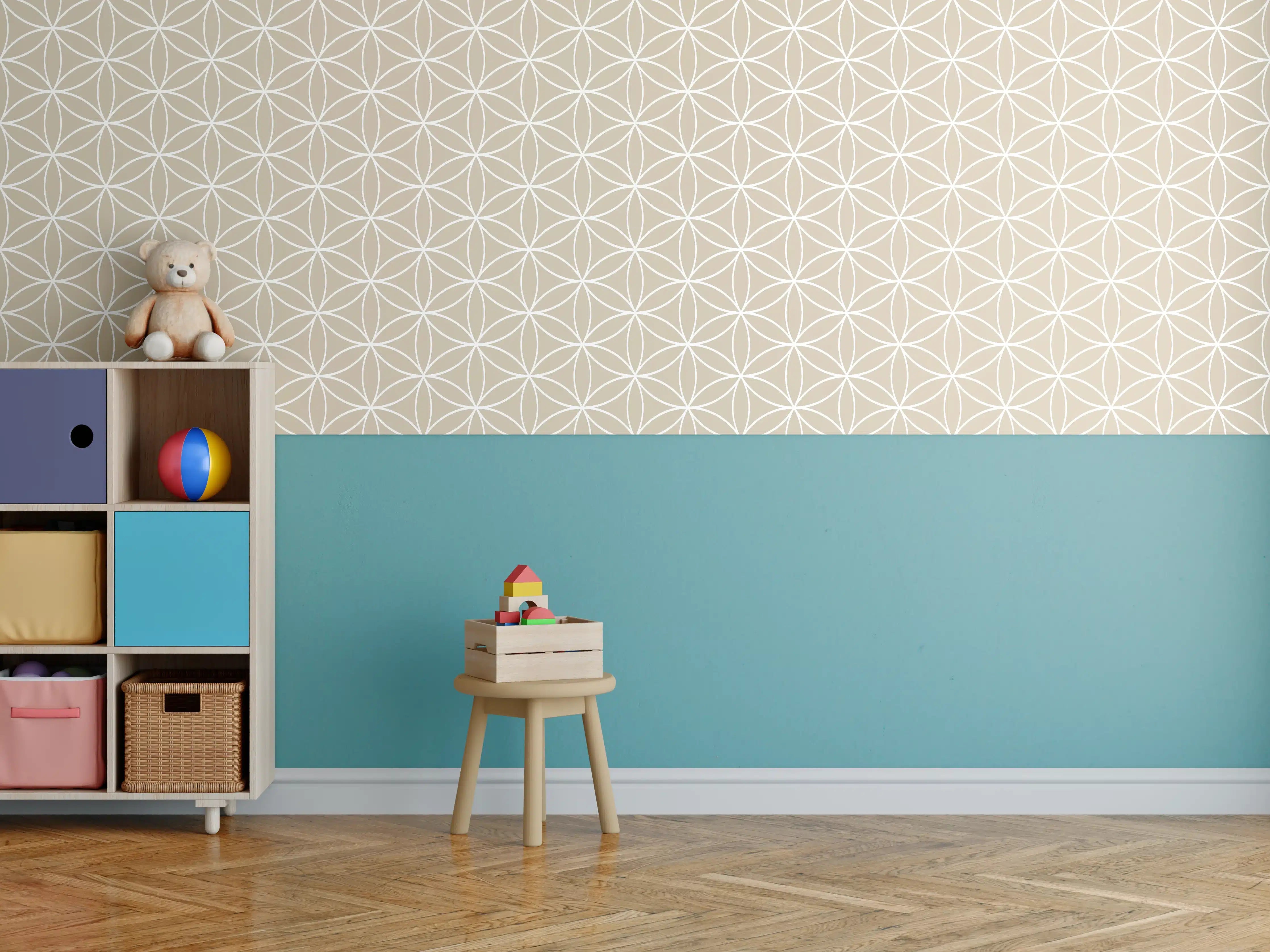 Kinderzimmer Wandgestaltung - Helle geometrische Fliesen mit feinen Graunuancen