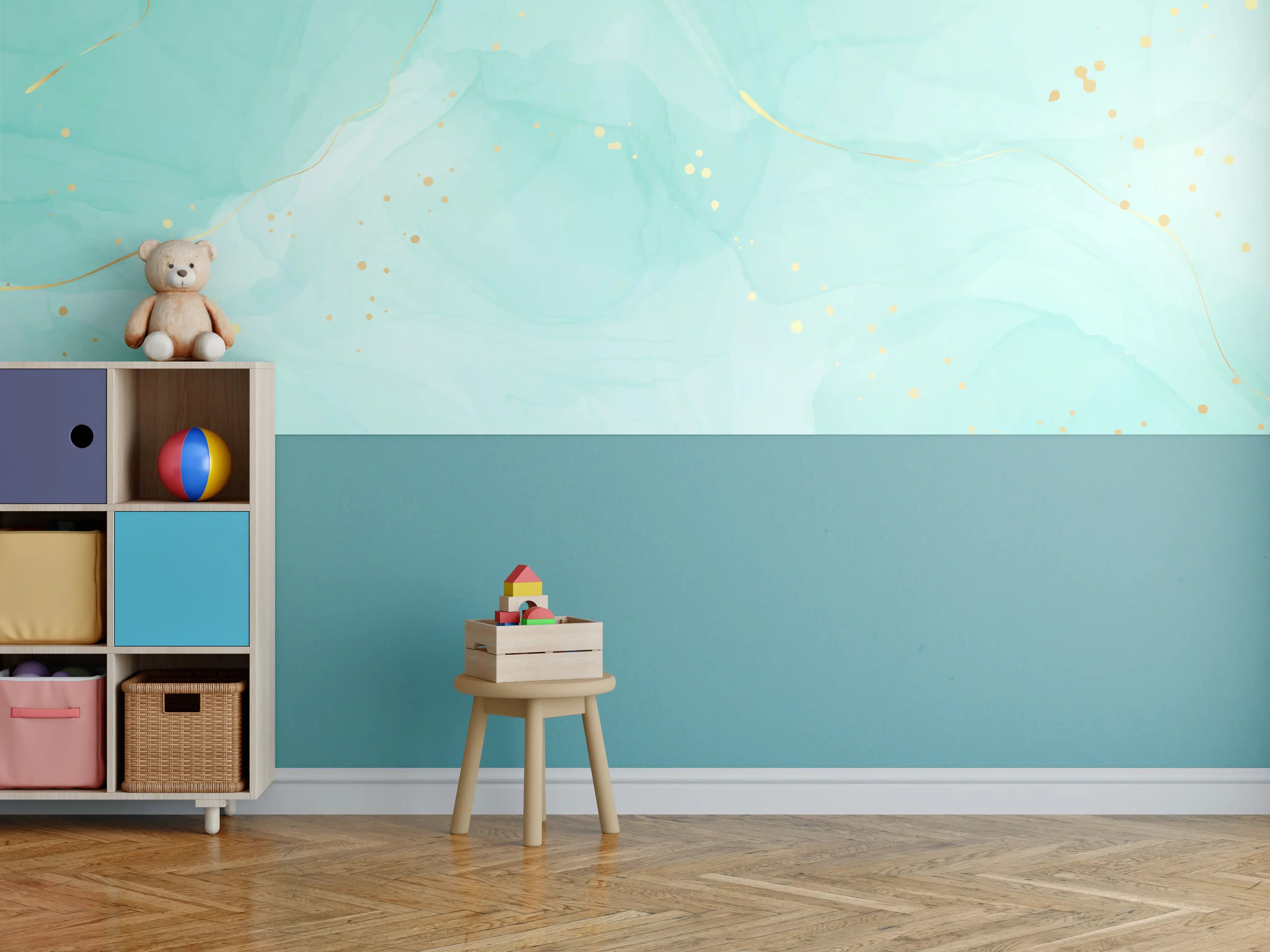 Kinderzimmer Wandgestaltung - Helle, aquarellartige Wandgestaltung mit Goldakzenten