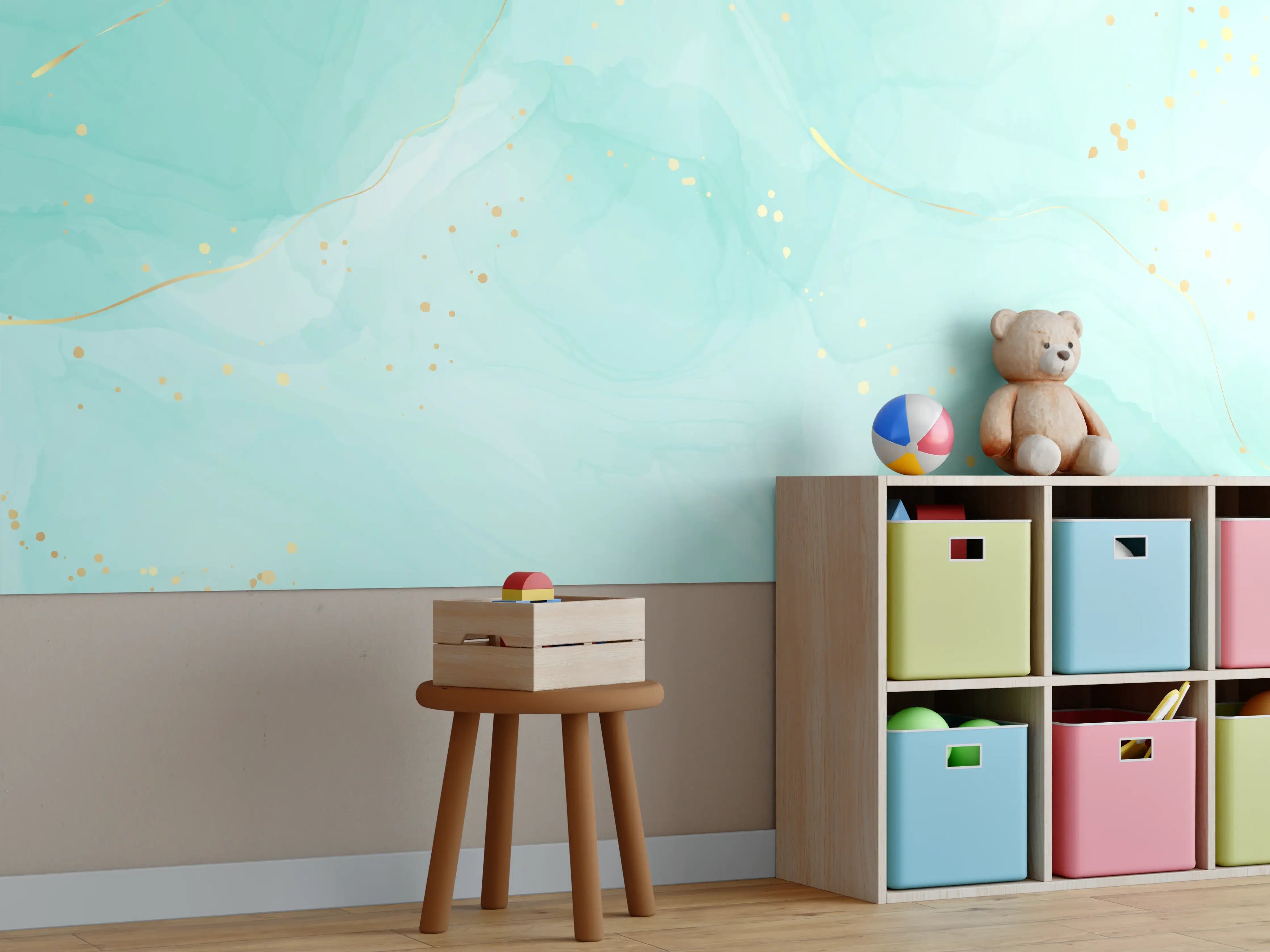 Kinderzimmer Wandgestaltung - Helle, aquarellartige Wandgestaltung mit Goldakzenten