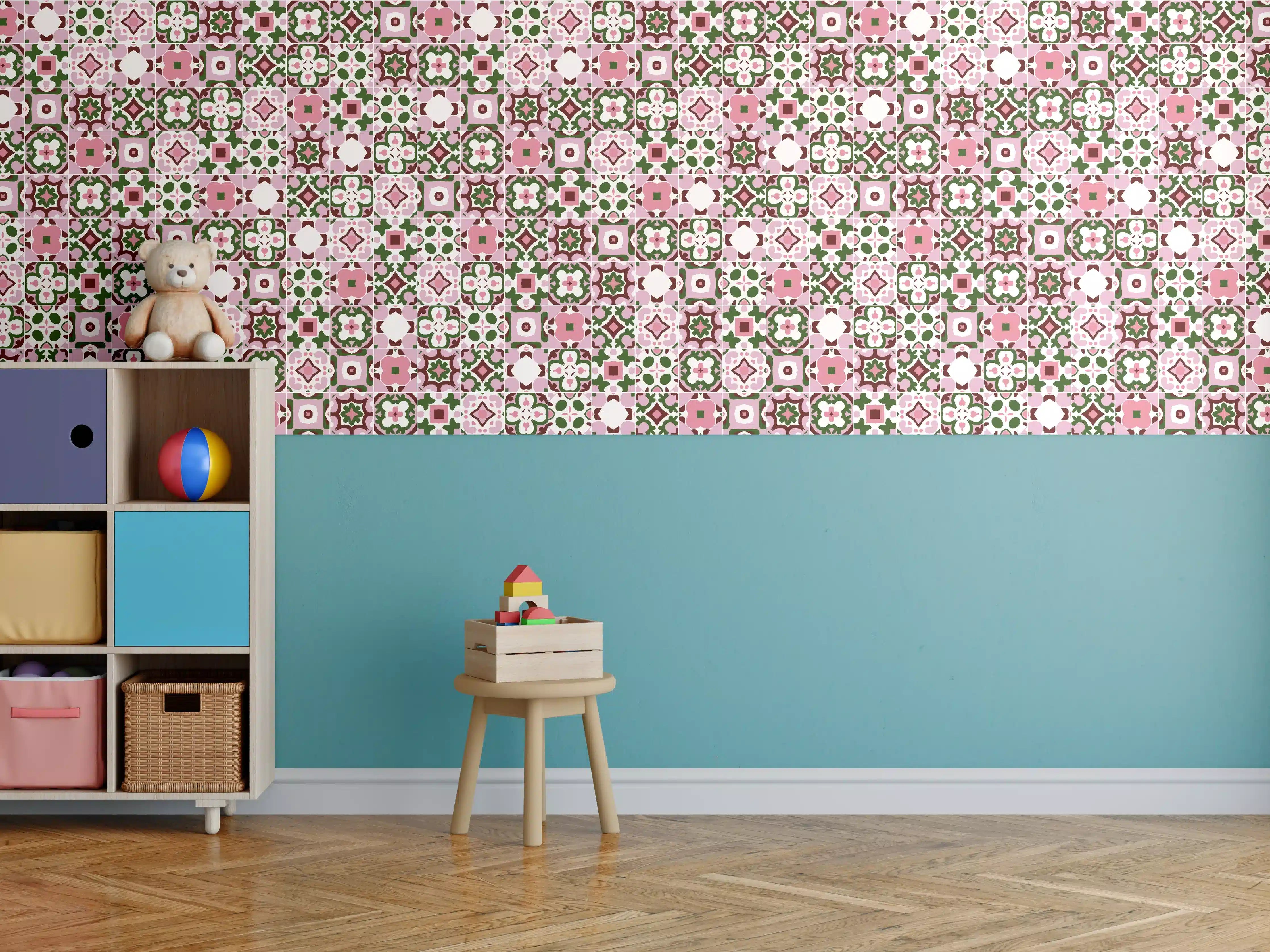 Kinderzimmer Wandgestaltung - Helle, florale Mustermuster mit Rosa, Grün und Weiß