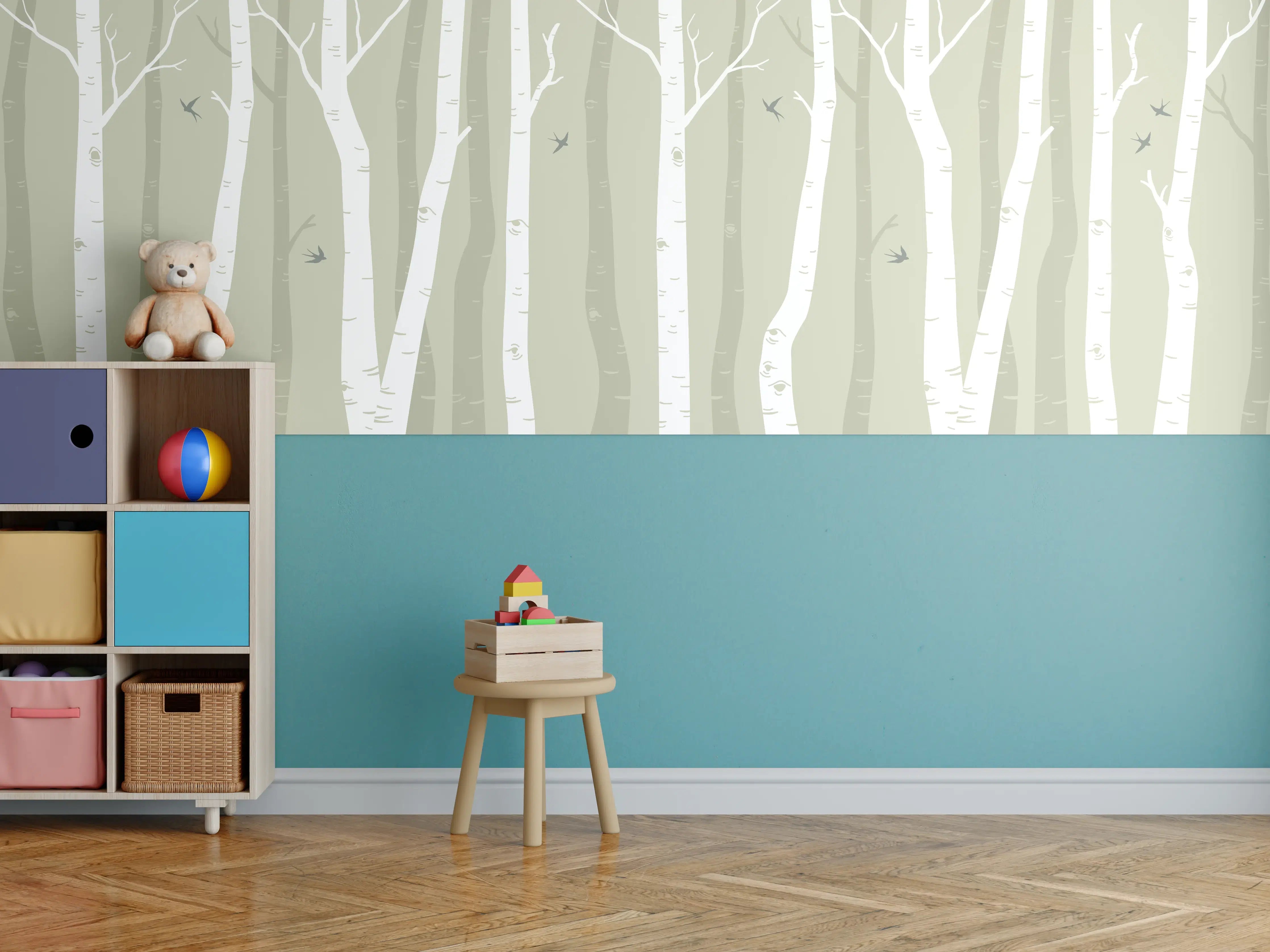 Kinderzimmer Wandgestaltung - Heller Birkenwald in Pastellfarben