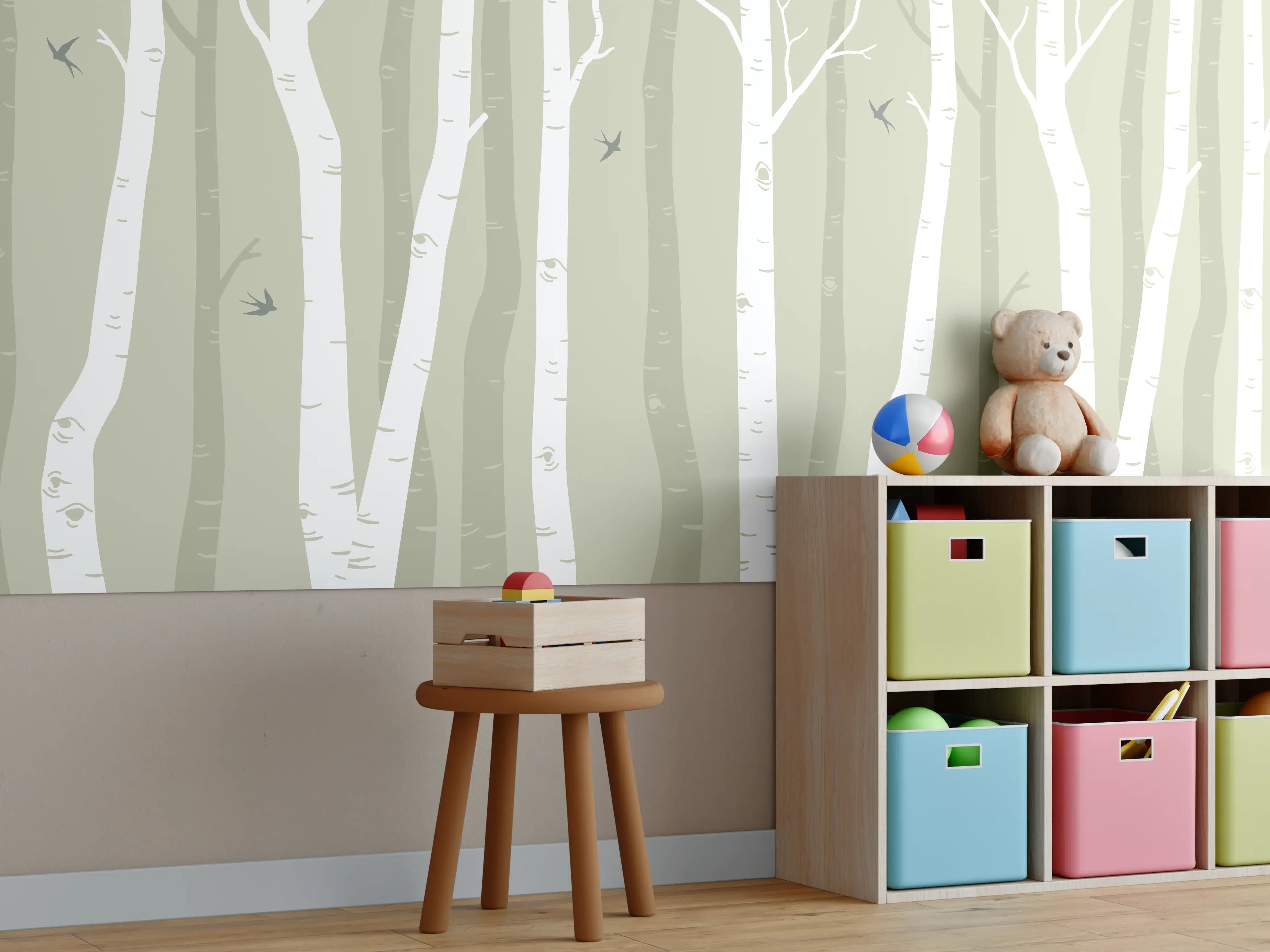 Kinderzimmer Wandgestaltung - Heller Birkenwald in Pastellfarben