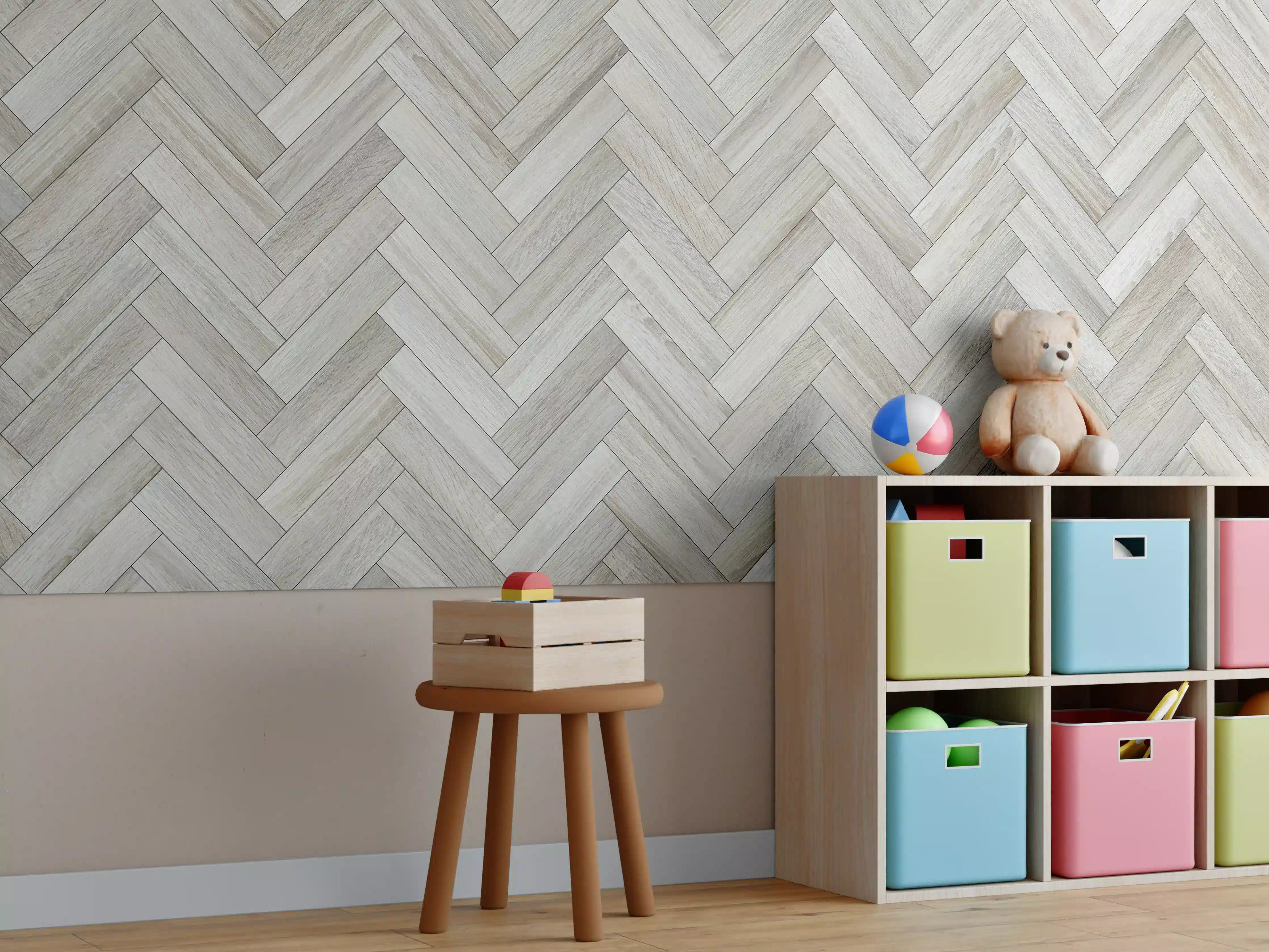 Kinderzimmer Wandgestaltung - Heller Holzparkett in Zickzackmuster