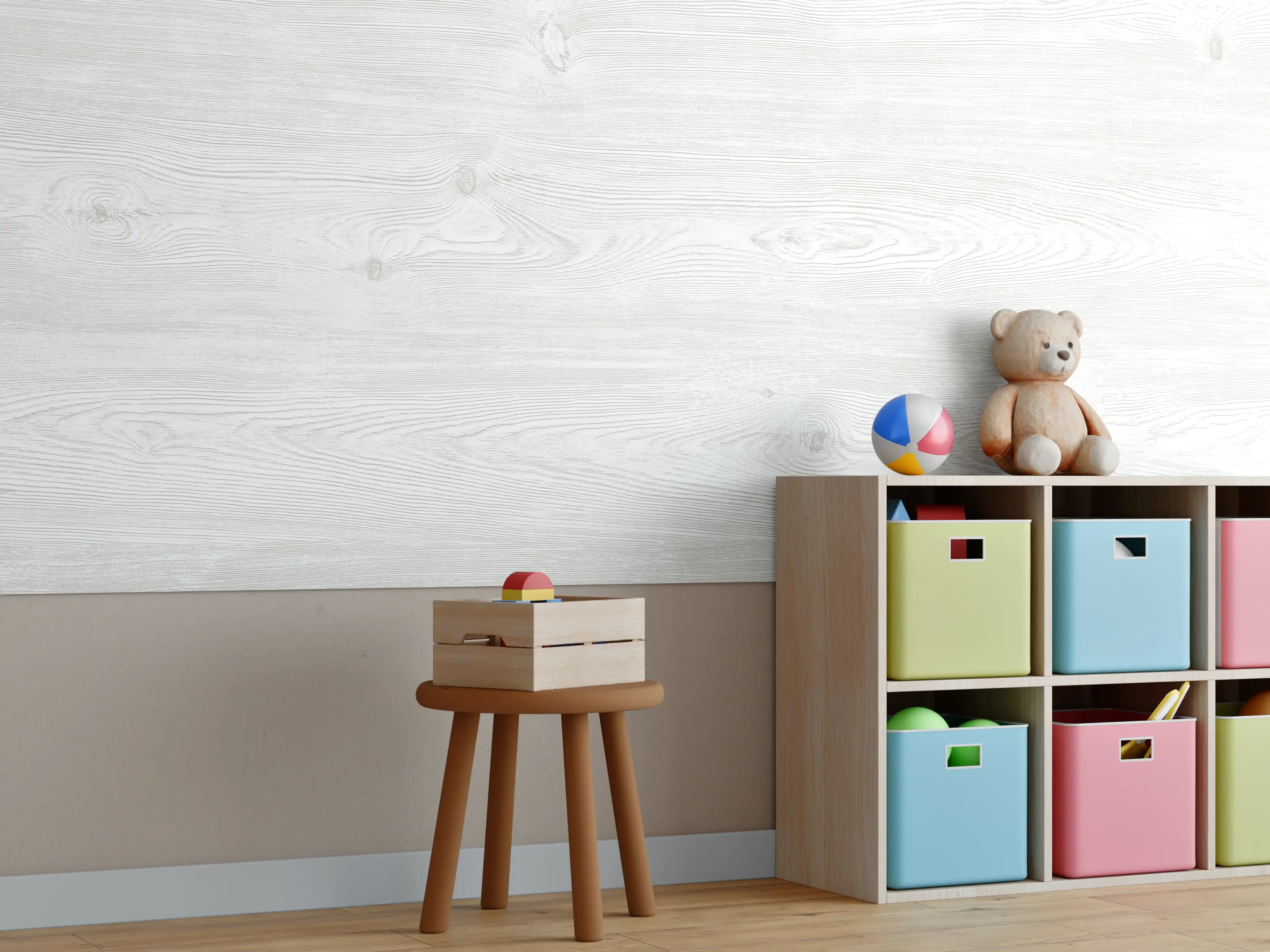 Kinderzimmer Wandgestaltung - Helles Holzdesign mit blassen Farbtönen