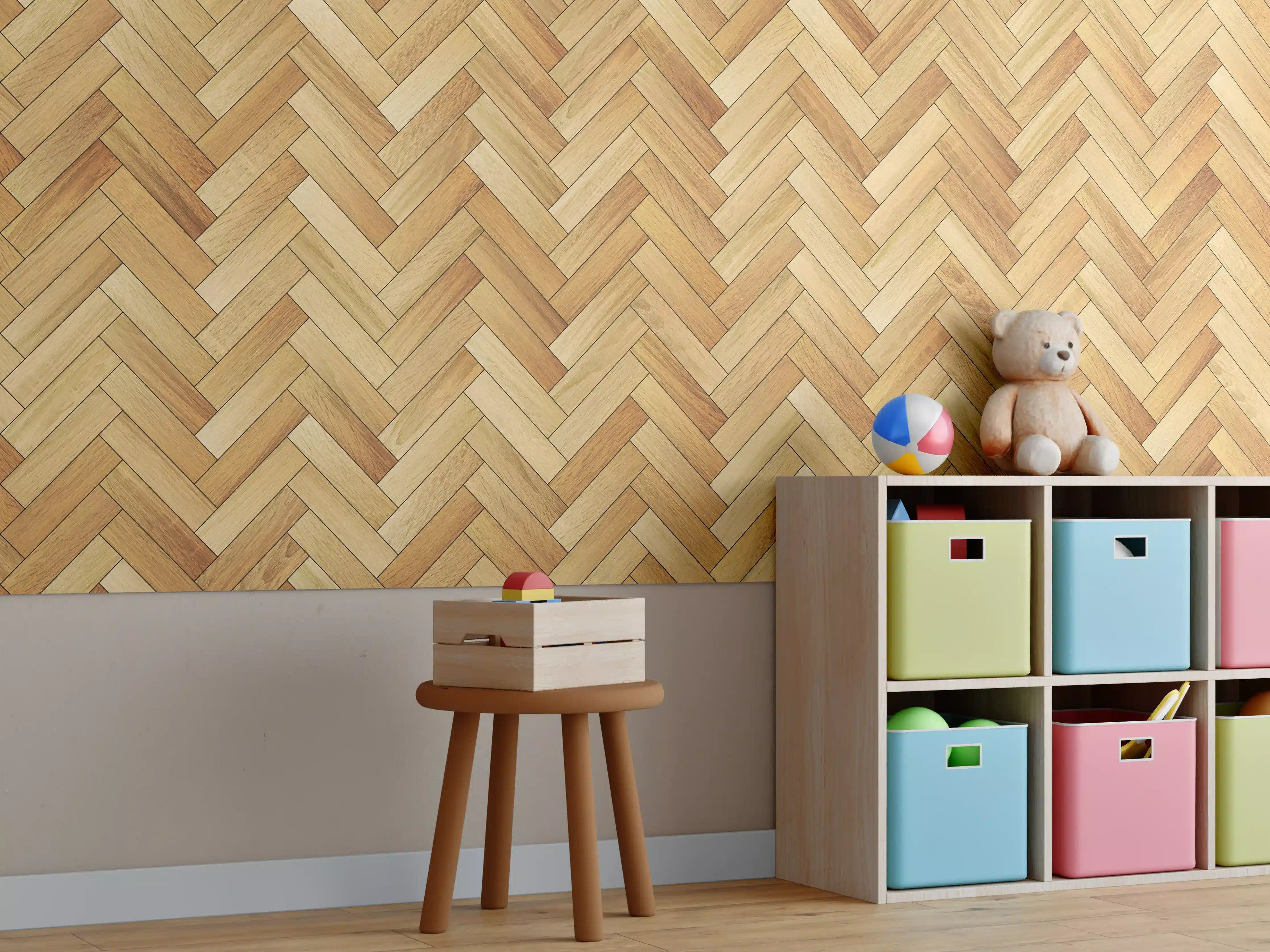 Kinderzimmer Wandgestaltung - Helles Holzmuster in Zickzack-Optik