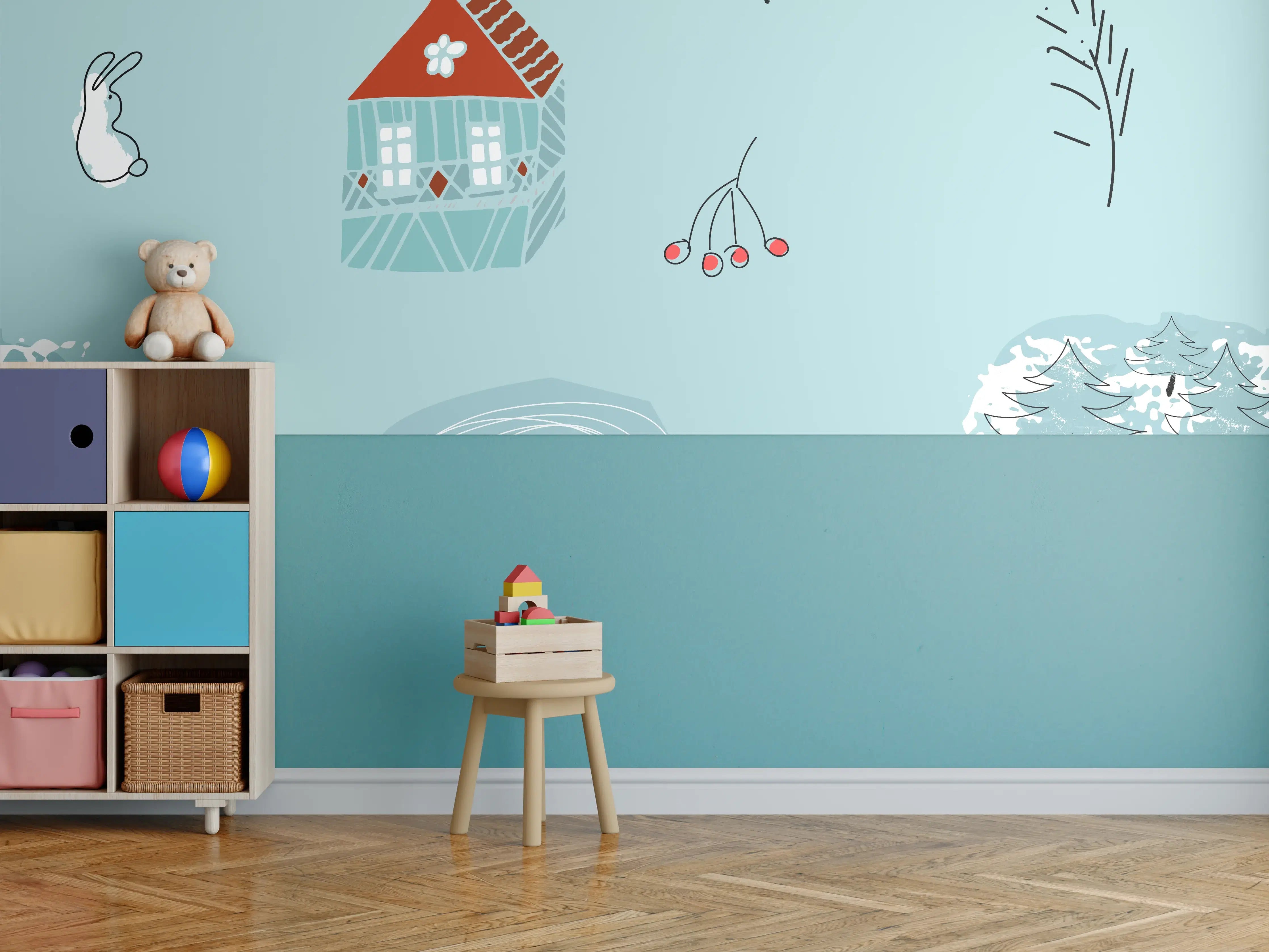 Kinderzimmer Wandgestaltung - Helles Wintermuster mit Bär und Haus