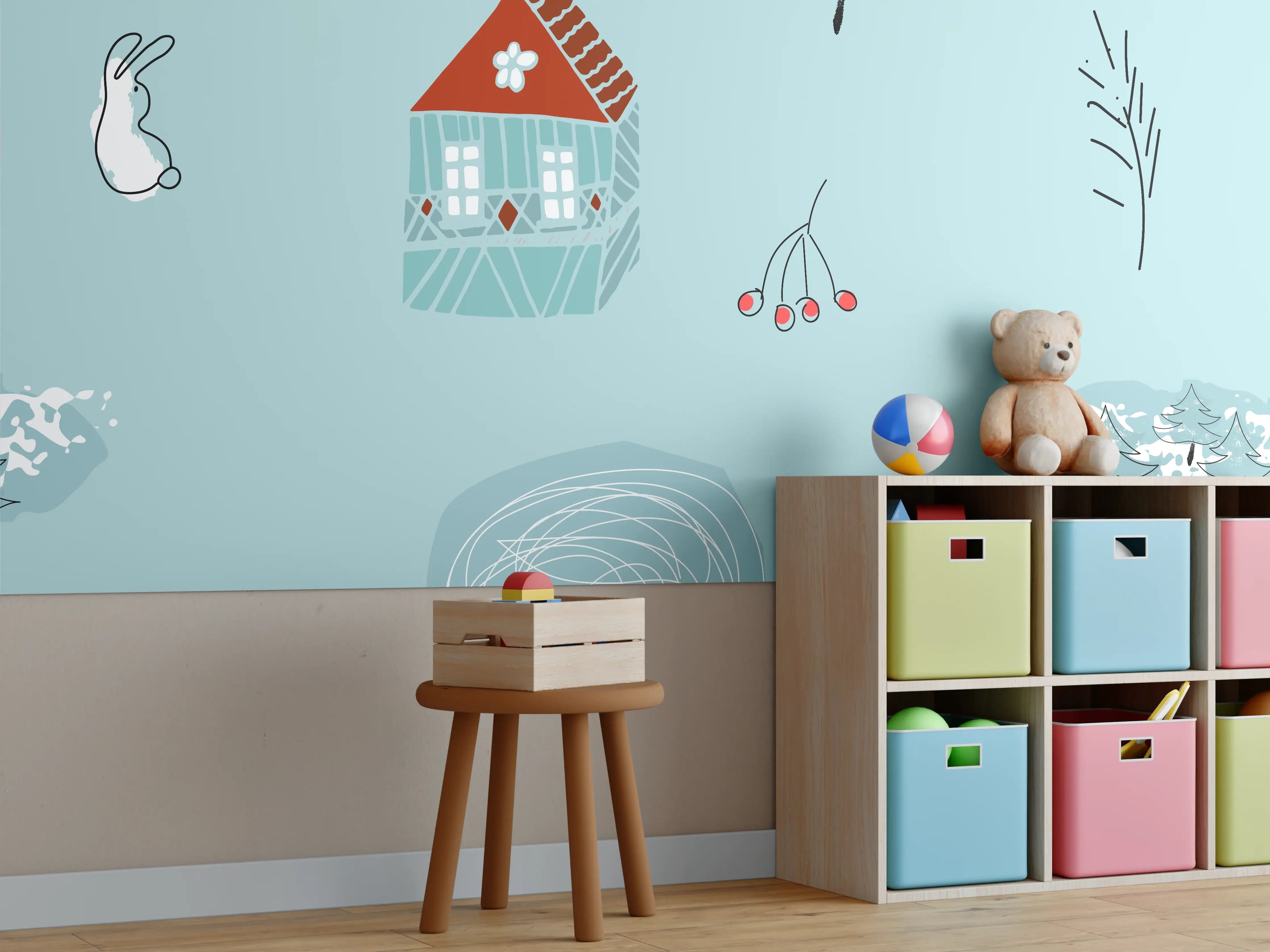 Kinderzimmer Wandgestaltung - Helles Wintermuster mit Bär und Haus