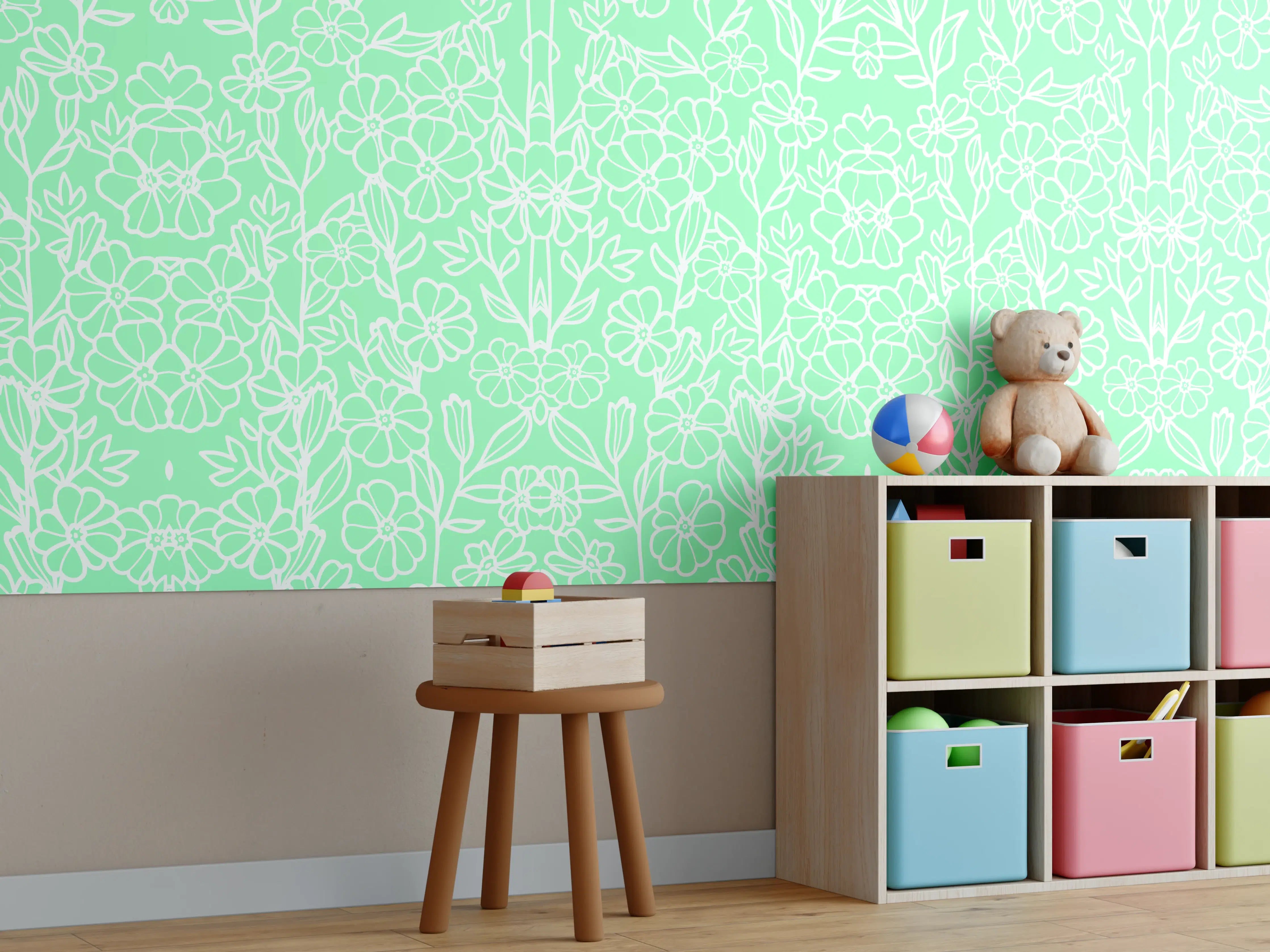 Kinderzimmer Wandgestaltung - Helles florales Muster in Mintgrün mit Weiß
