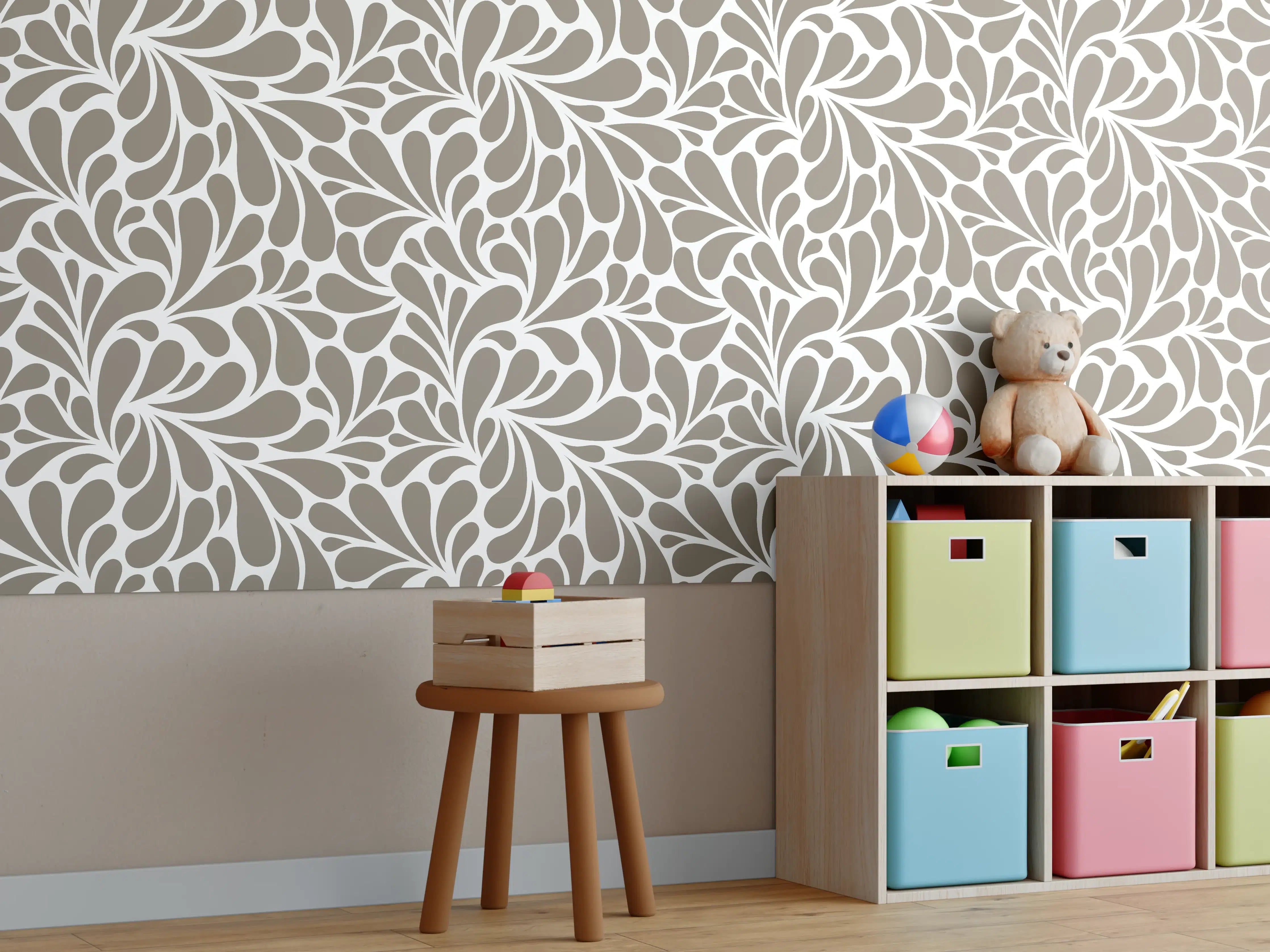 Kinderzimmer Wandgestaltung - Hellgraues Blätter-Muster