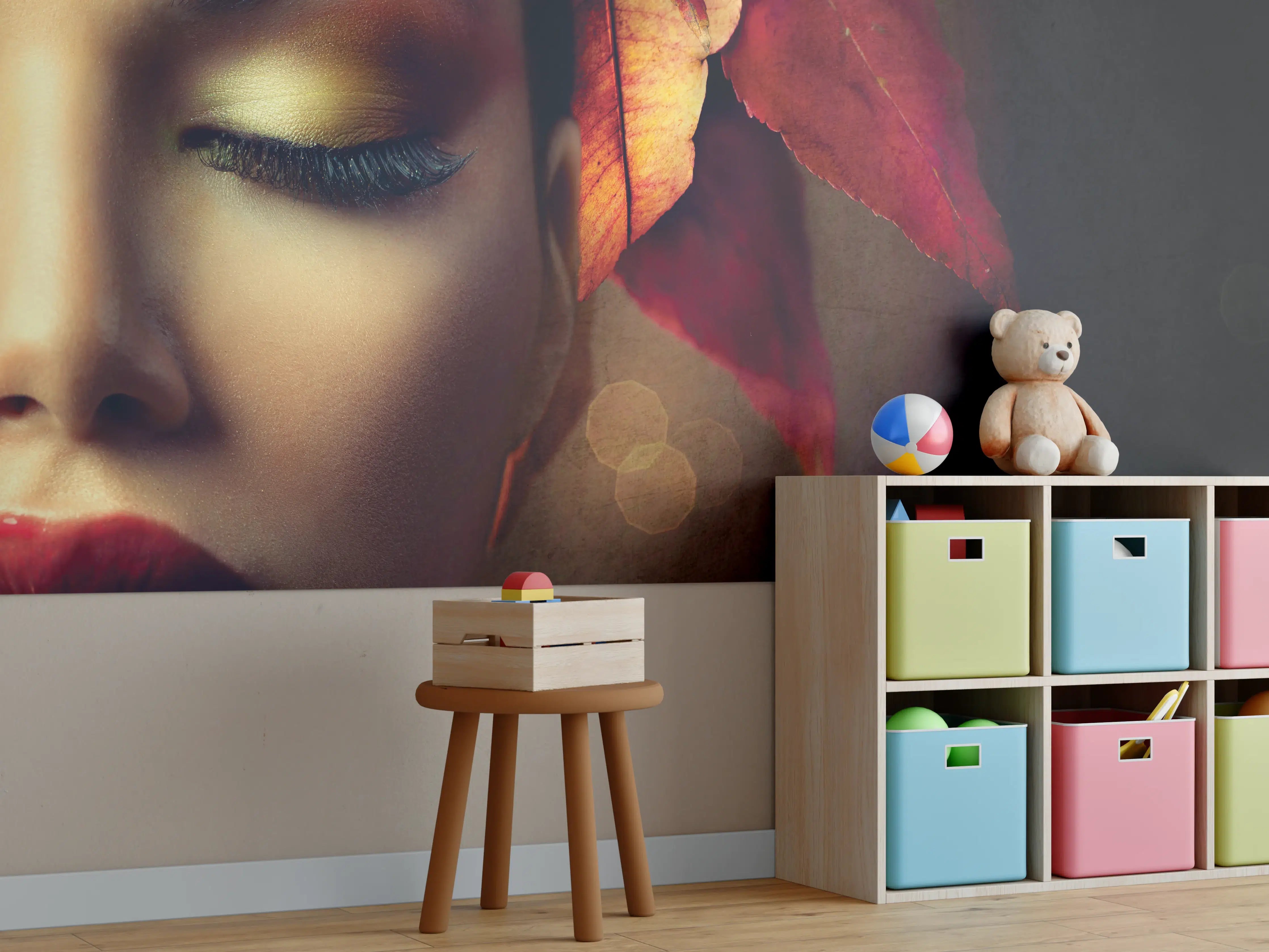 Kinderzimmer Wandgestaltung - Herbstblätter Frisur auf dunklem Hintergrund