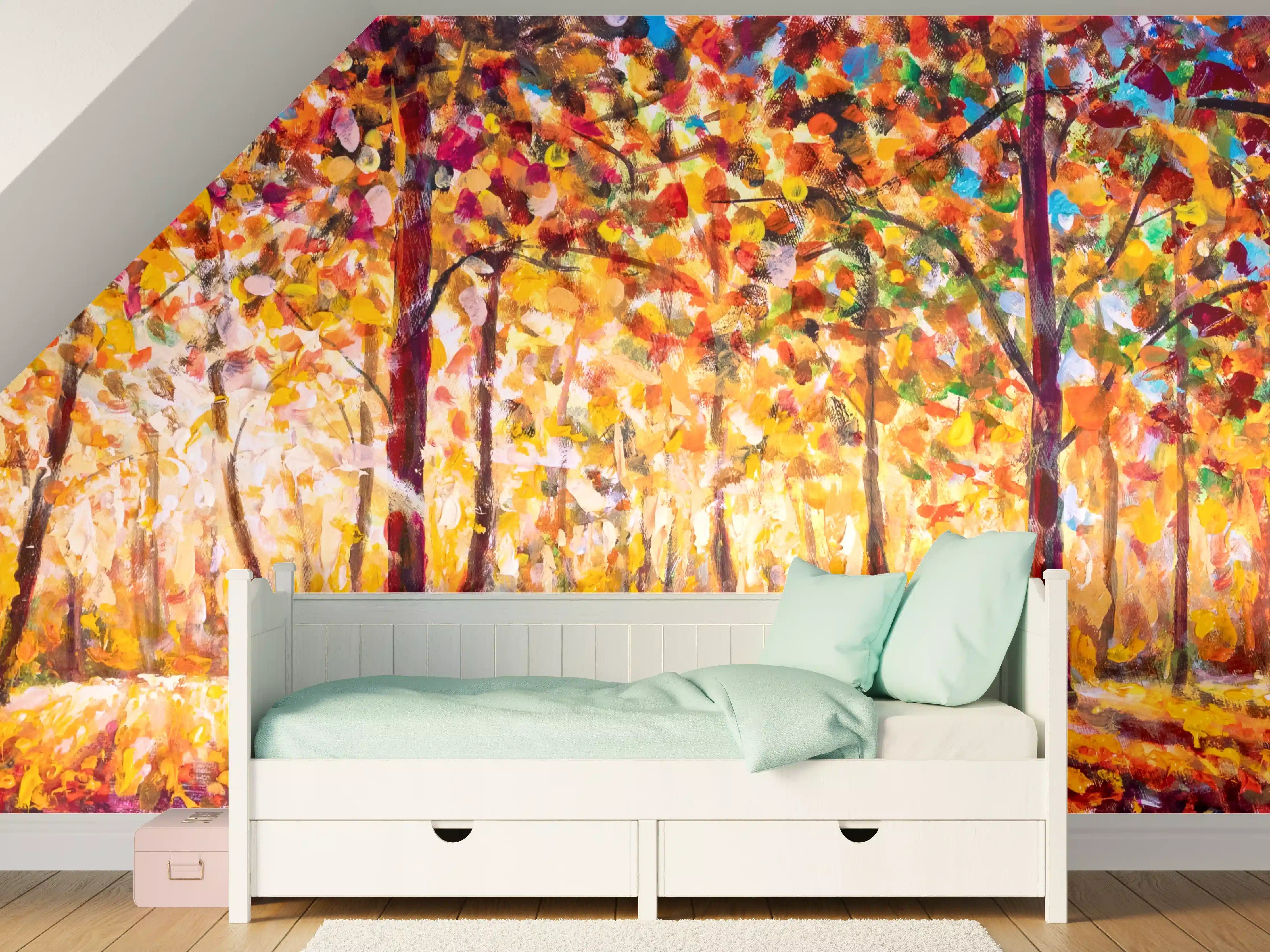 Kinderzimmer Wandgestaltung - Herbstliche Baumlandschaft in warmen Farbtönen