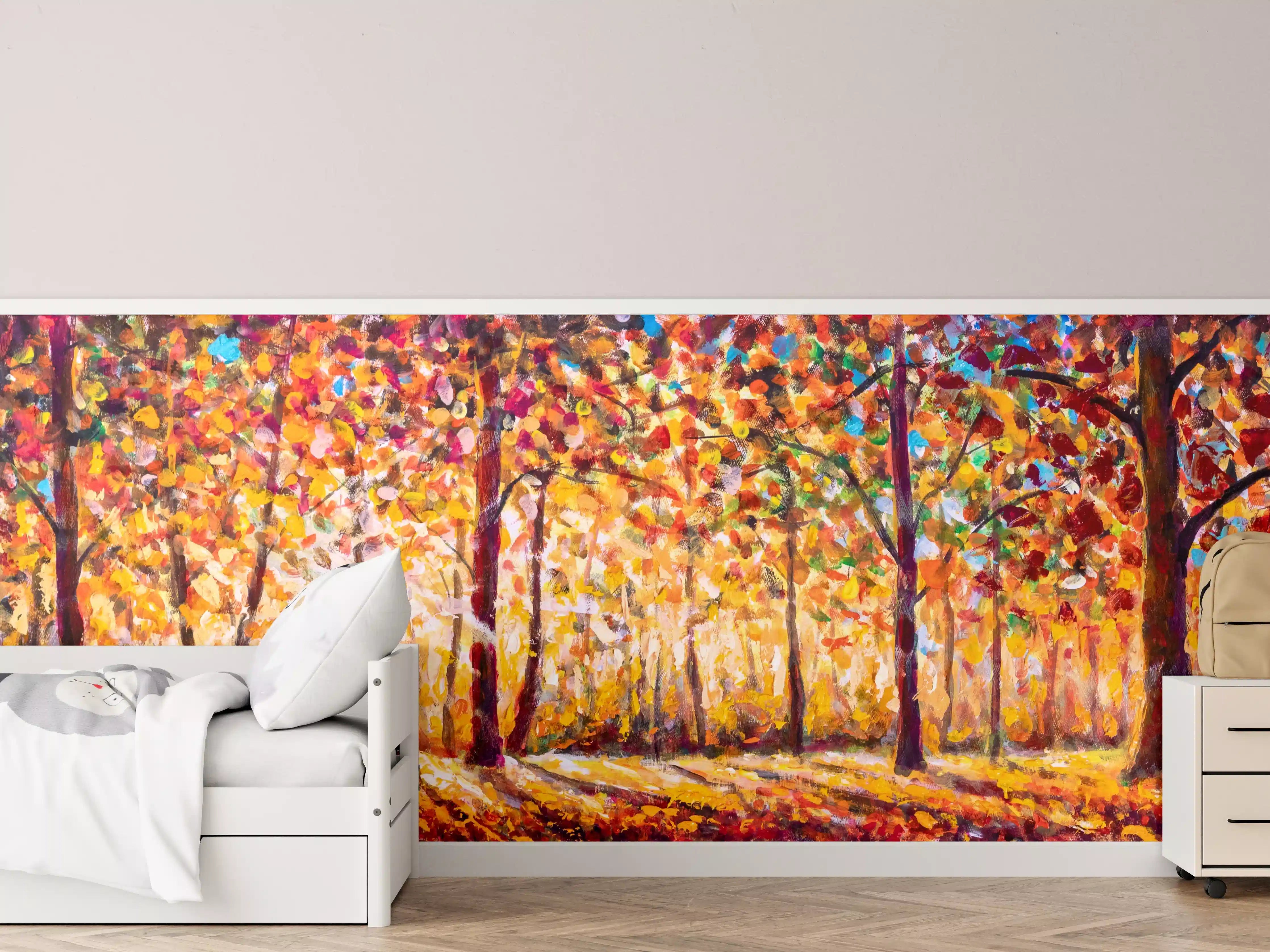 Kinderzimmer Wandgestaltung - Herbstliche Baumlandschaft in warmen Farbtönen