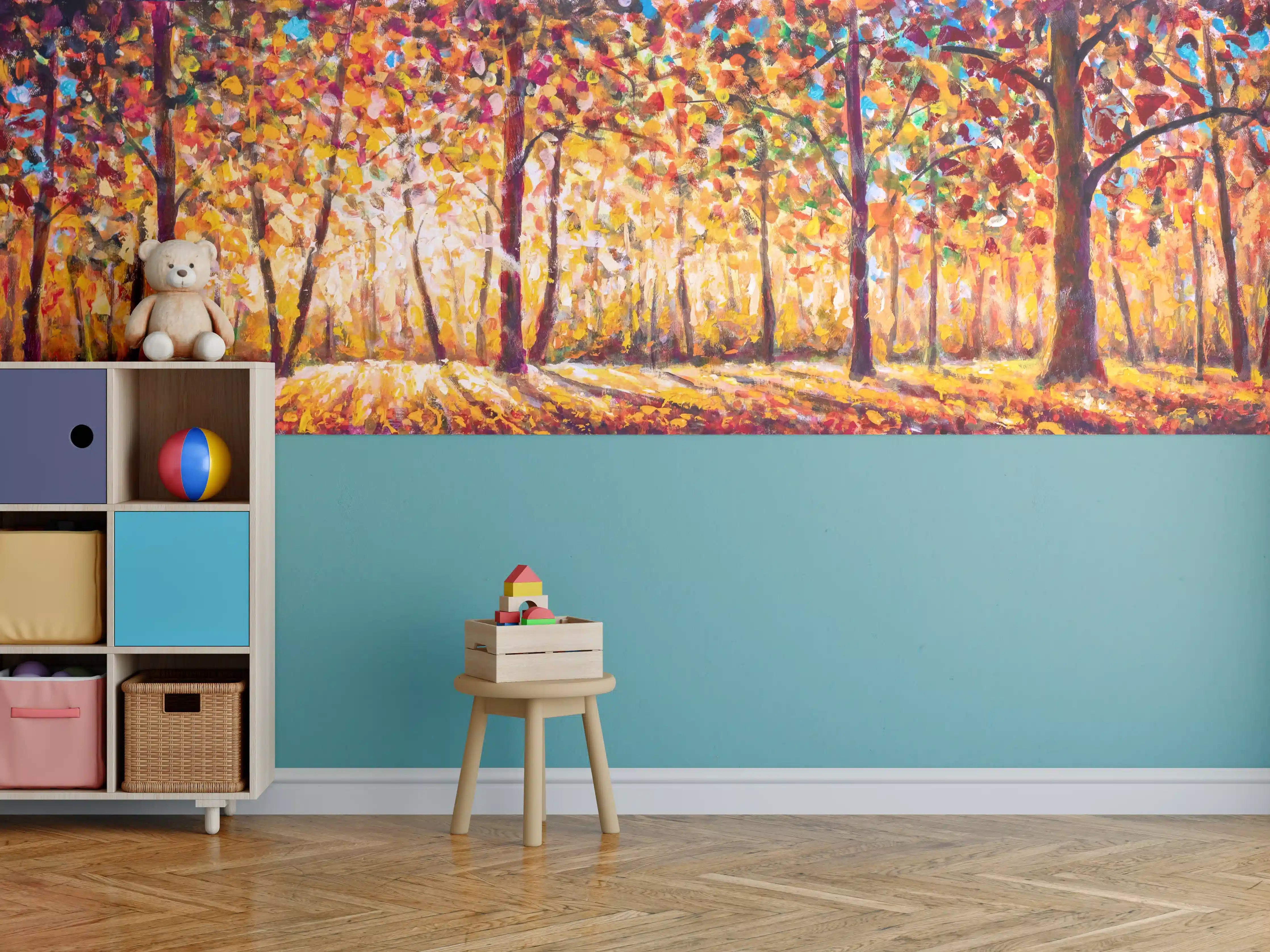Kinderzimmer Wandgestaltung - Herbstliche Baumlandschaft in warmen Farbtönen