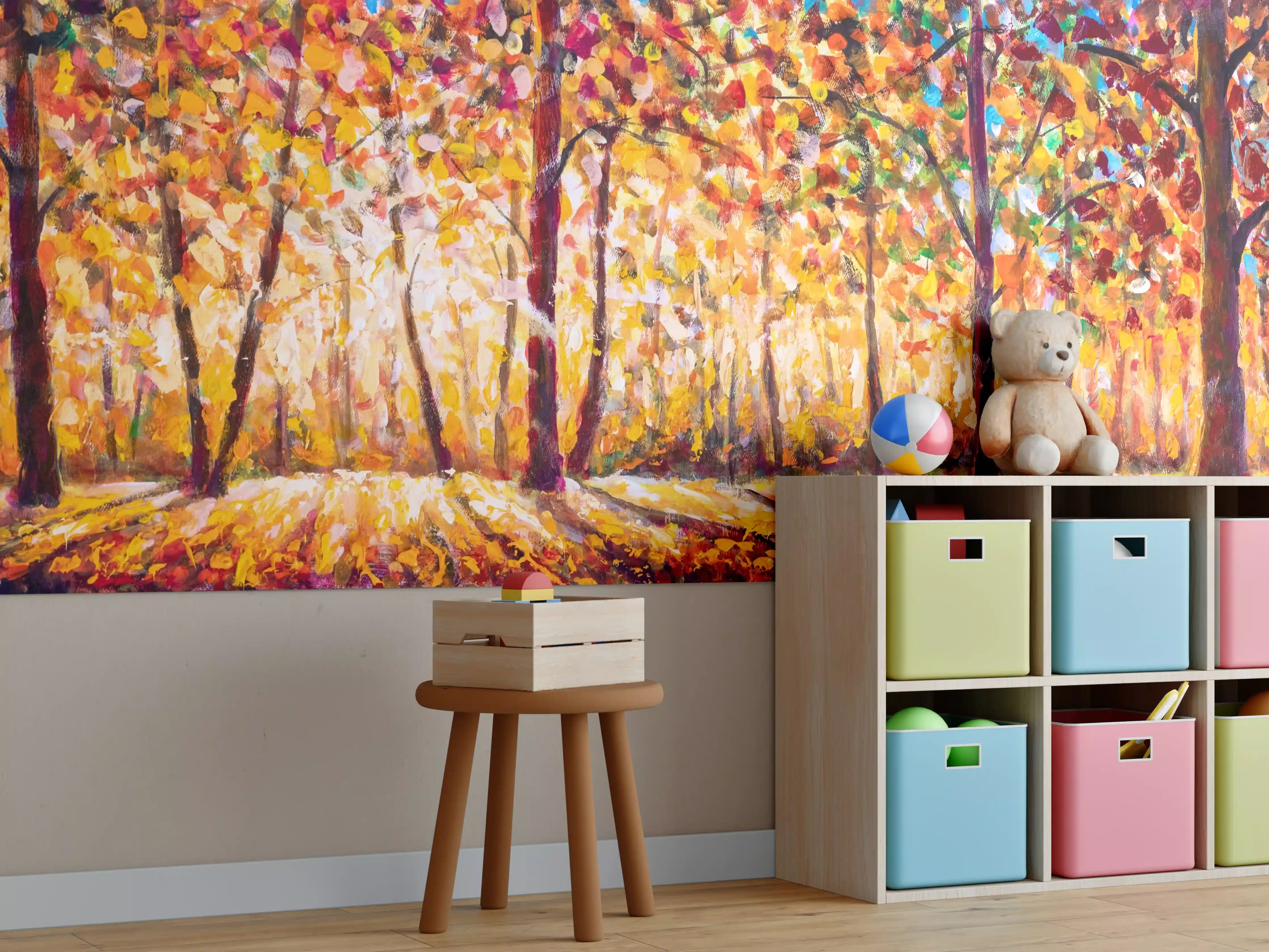 Kinderzimmer Wandgestaltung - Herbstliche Baumlandschaft in warmen Farbtönen