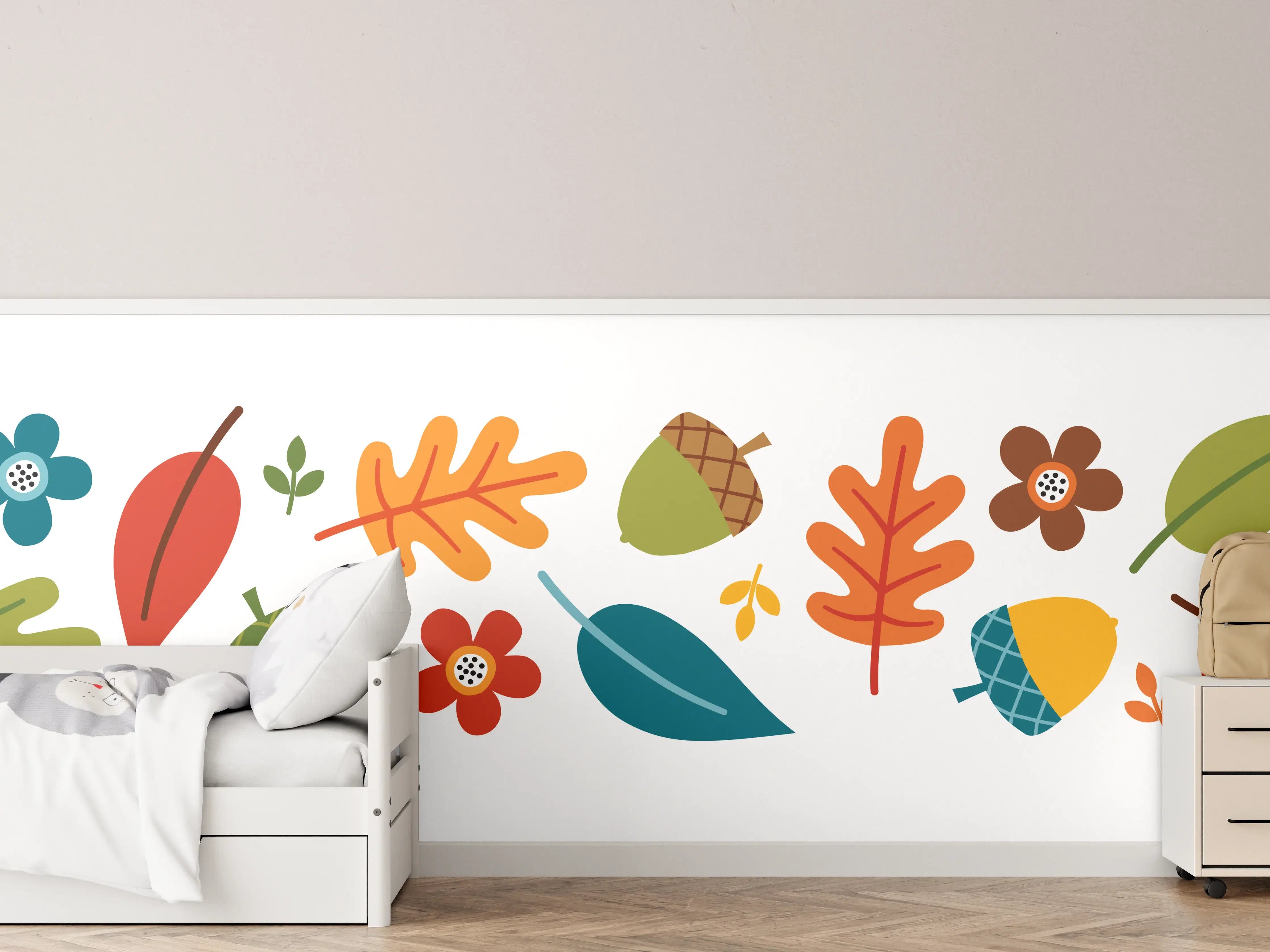 Kinderzimmer Wandgestaltung - Herbstliche Blätter und Früchte in lebendigen Farben