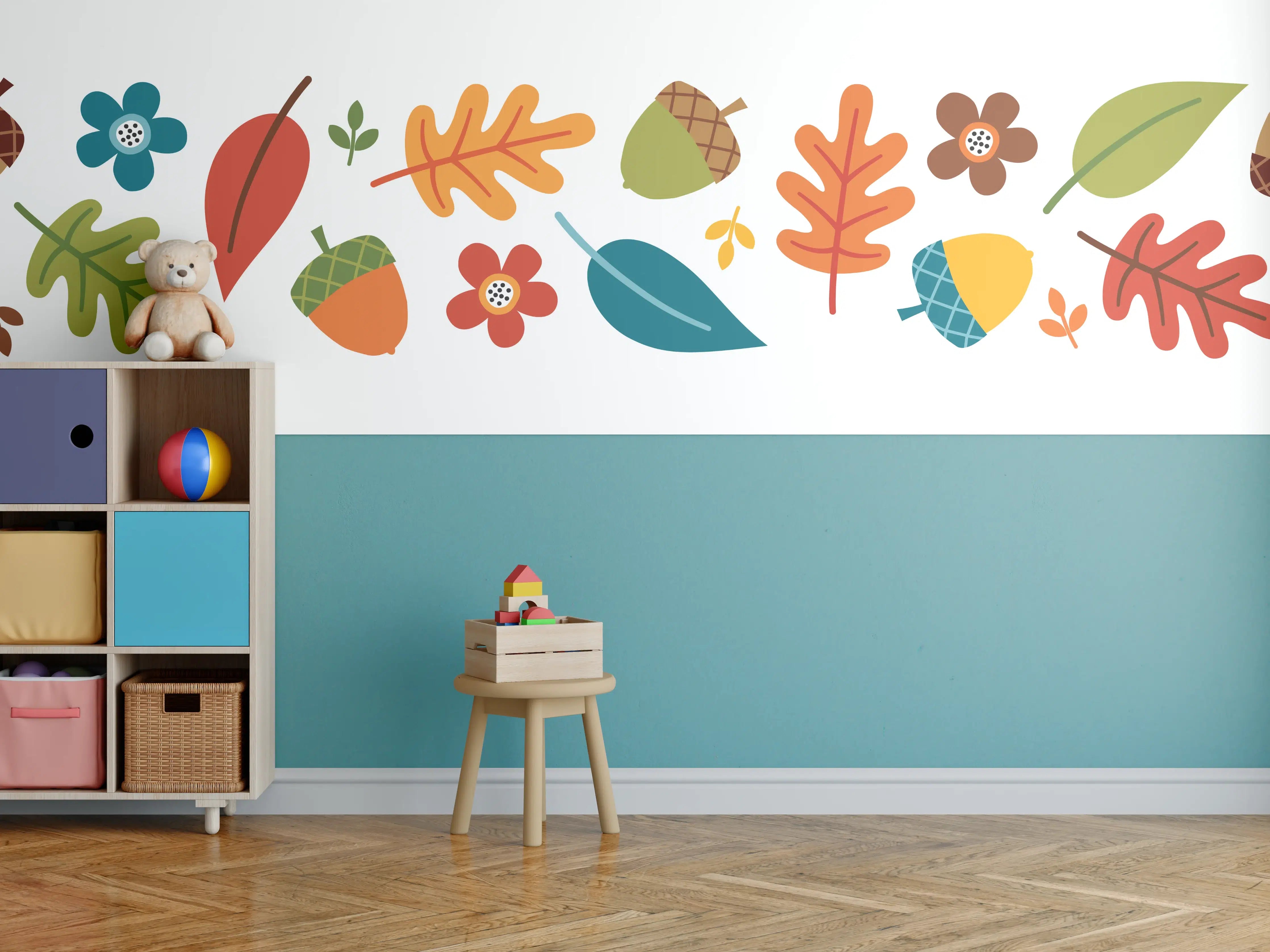 Kinderzimmer Wandgestaltung - Herbstliche Blätter und Früchte in lebendigen Farben