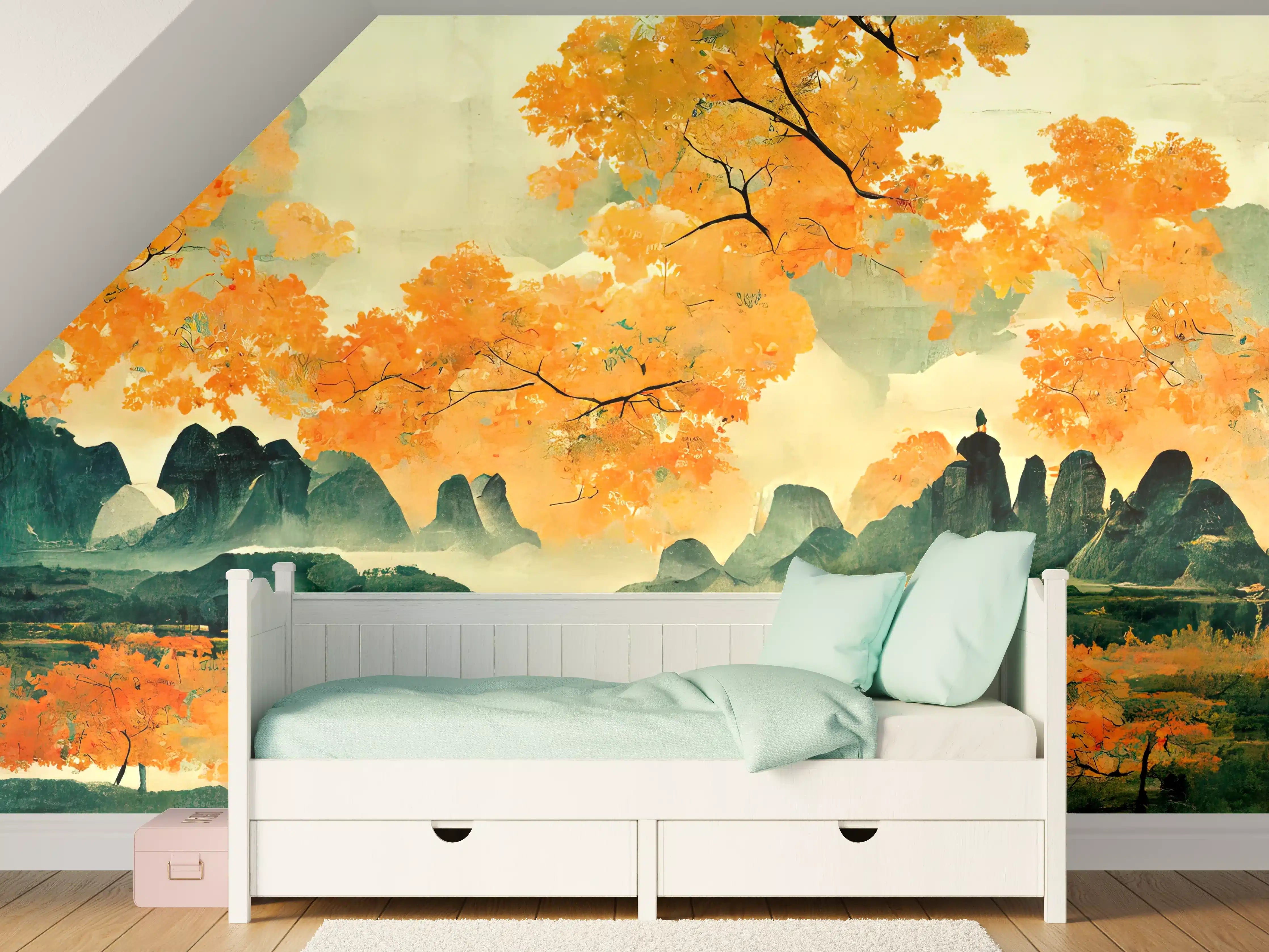 Kinderzimmer Wandgestaltung - Herbstliche Landschaft mit goldenem Baumbestand