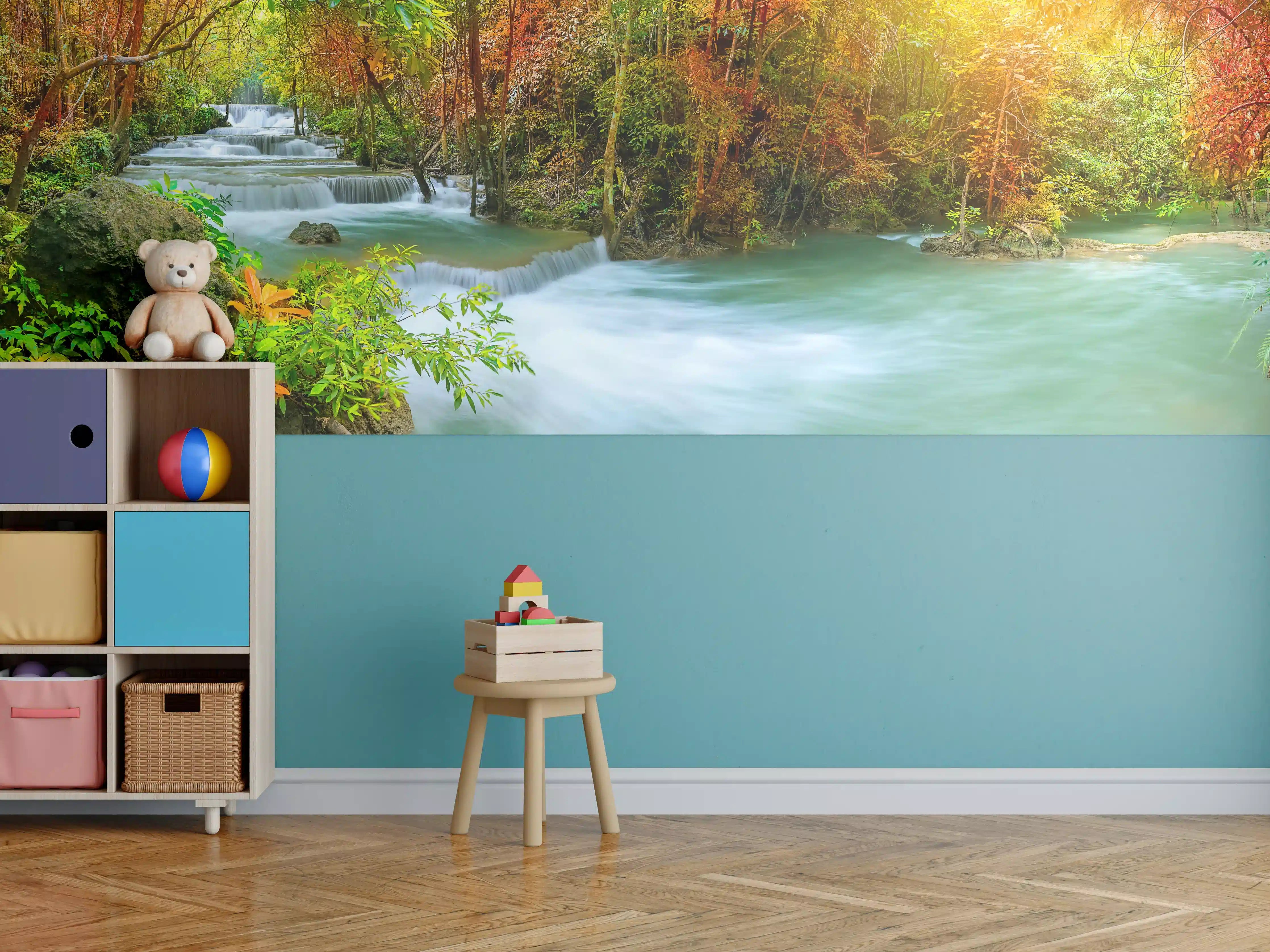 Kinderzimmer Wandgestaltung - Herbstlicher Türkis-Wasserfall