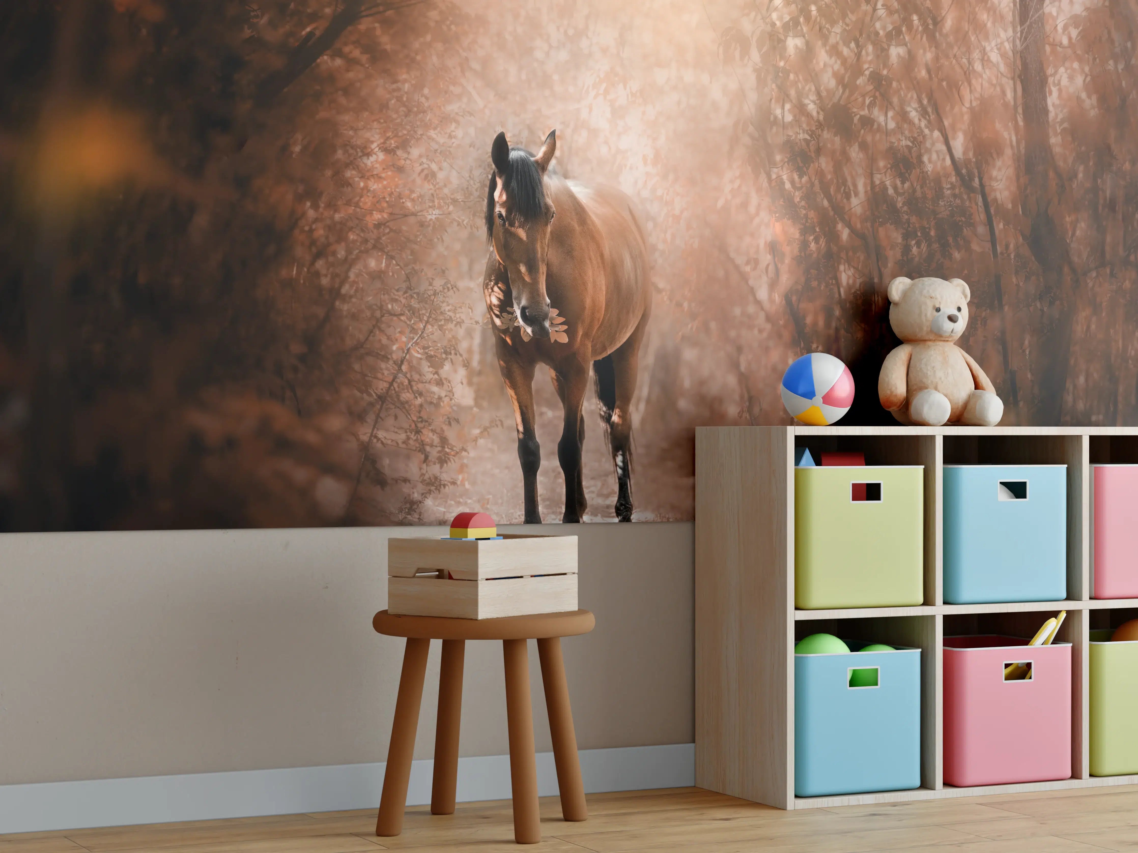 Kinderzimmer Wandgestaltung - Herbstlicher Wald mit Galopperndem Pferd