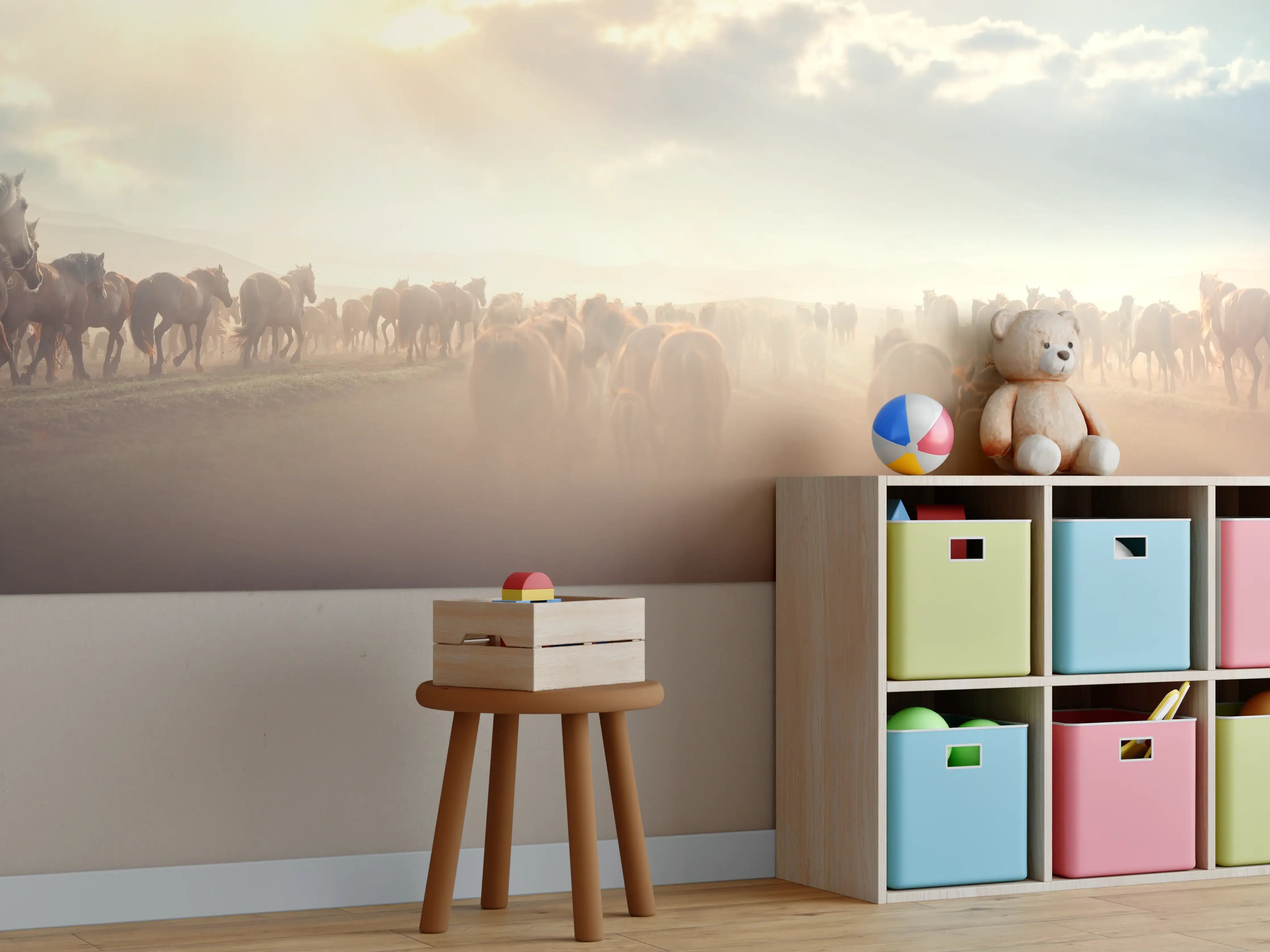 Kinderzimmer Wandgestaltung - Herde Wildpferde im Sonnenuntergang