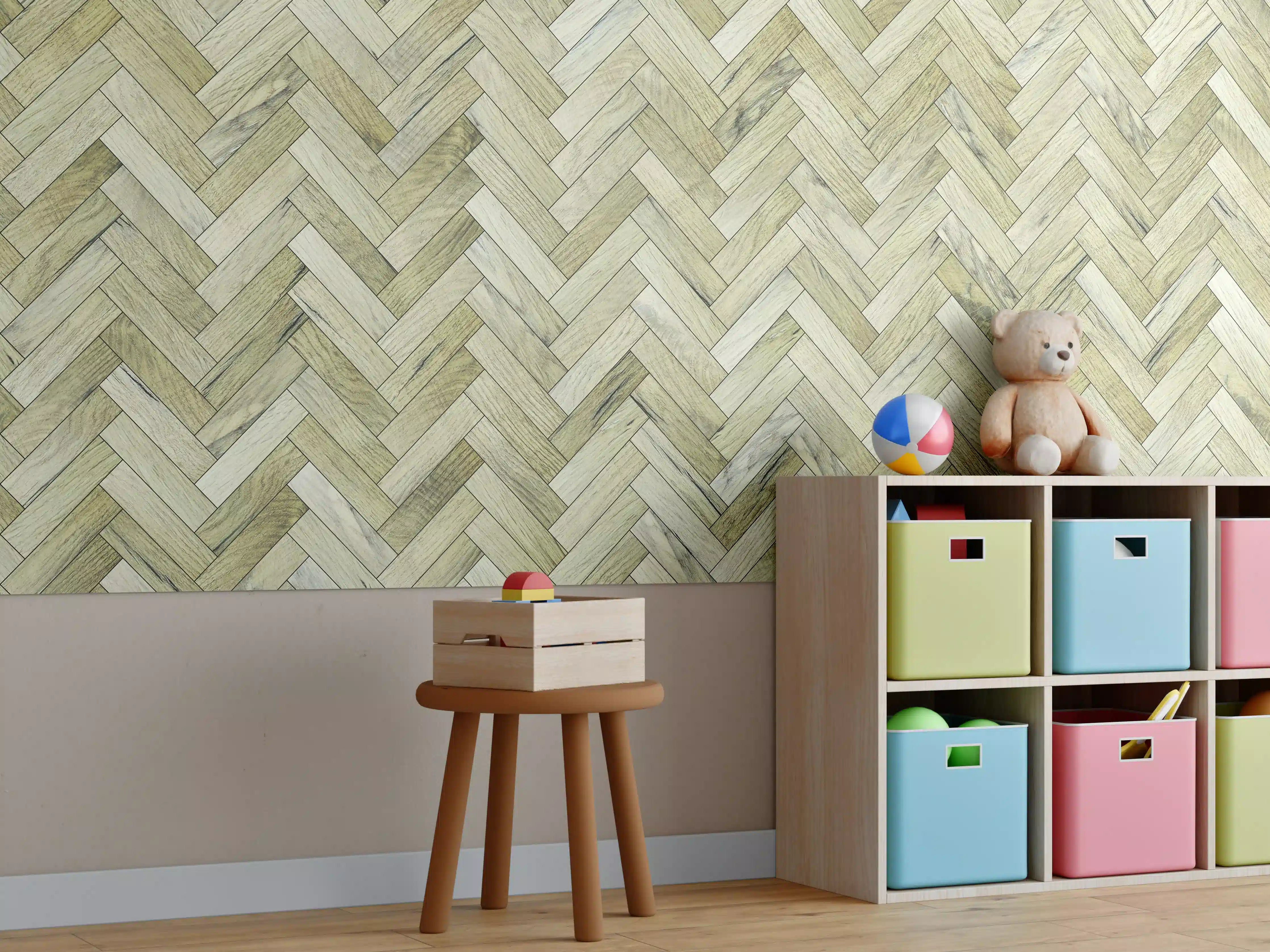 Kinderzimmer Wandgestaltung - Herringbone Parkett in Naturholzoptik