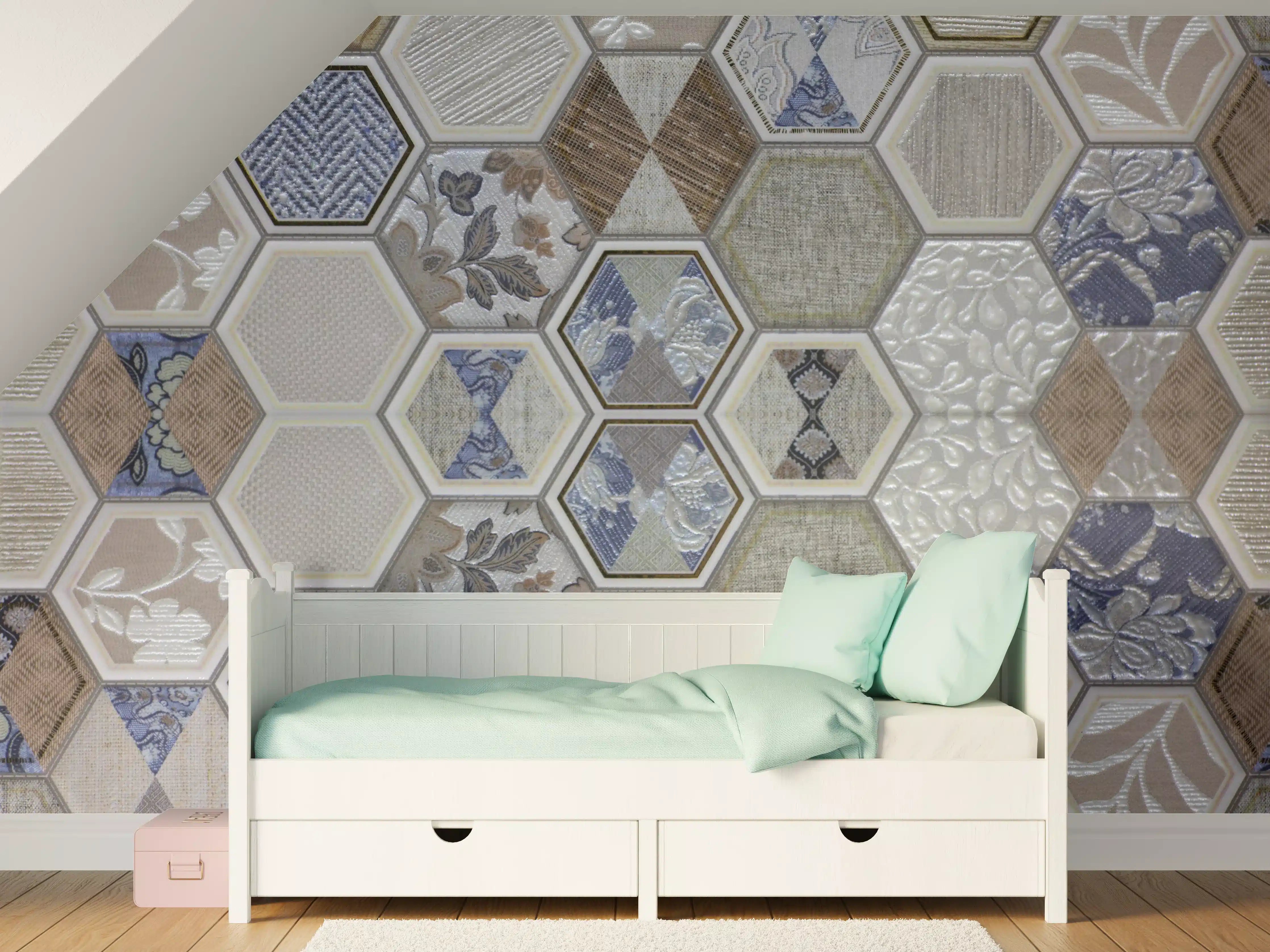 Kinderzimmer Wandgestaltung - Hexagon Fliesenmuster Bunt