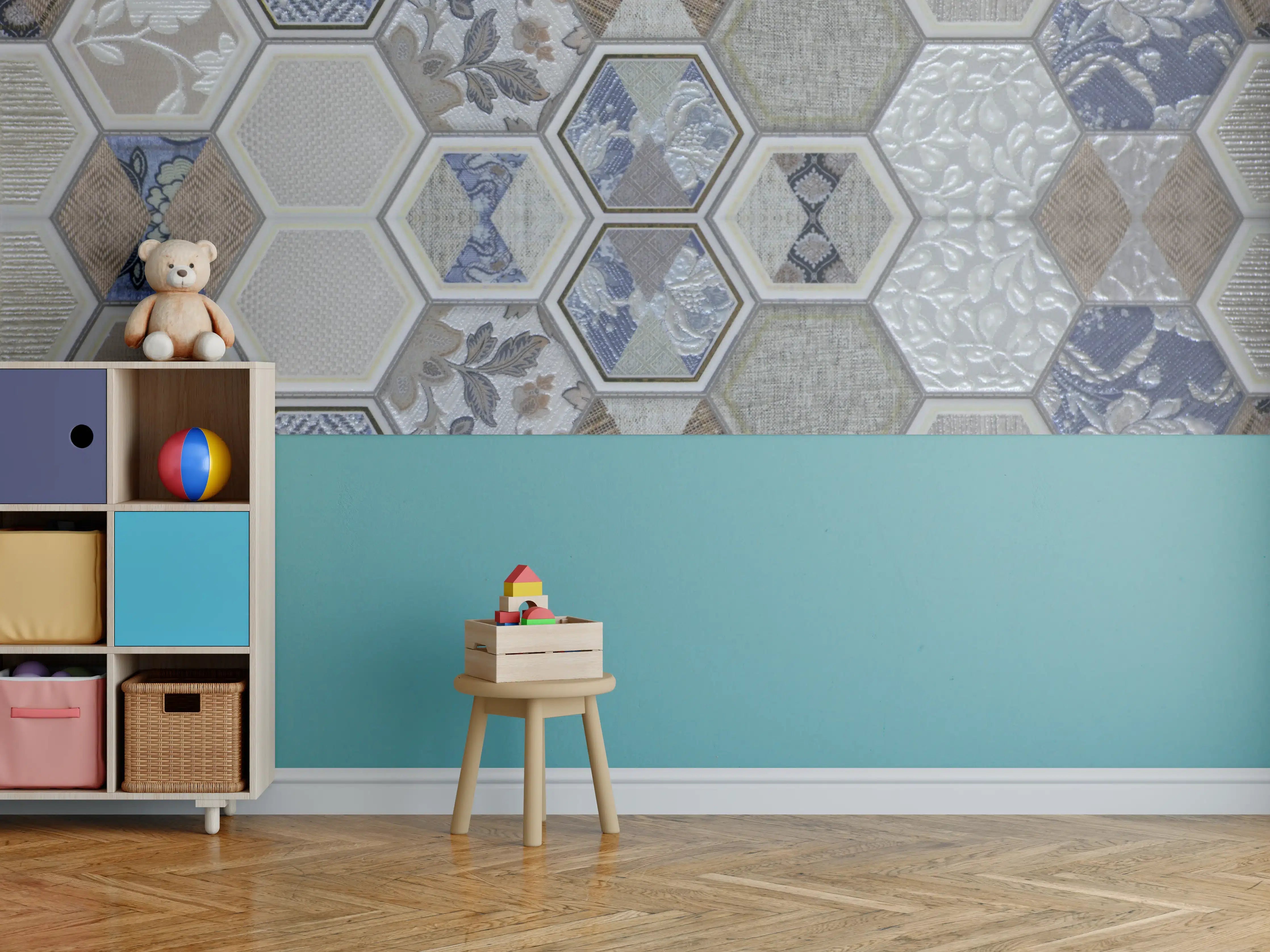 Kinderzimmer Wandgestaltung - Hexagon Fliesenmuster Bunt