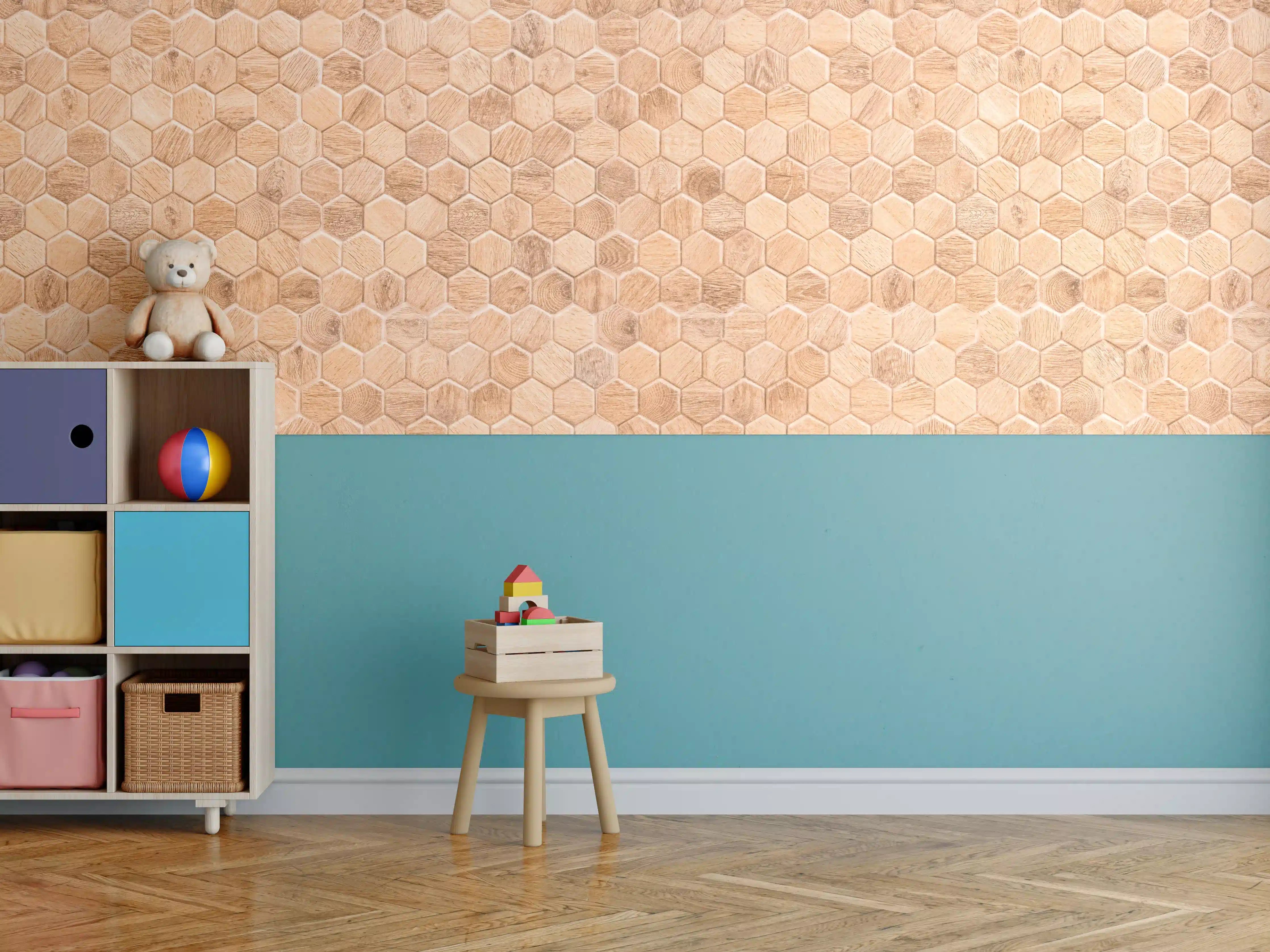 Kinderzimmer Wandgestaltung - Hexagon Holz Wabenmuster