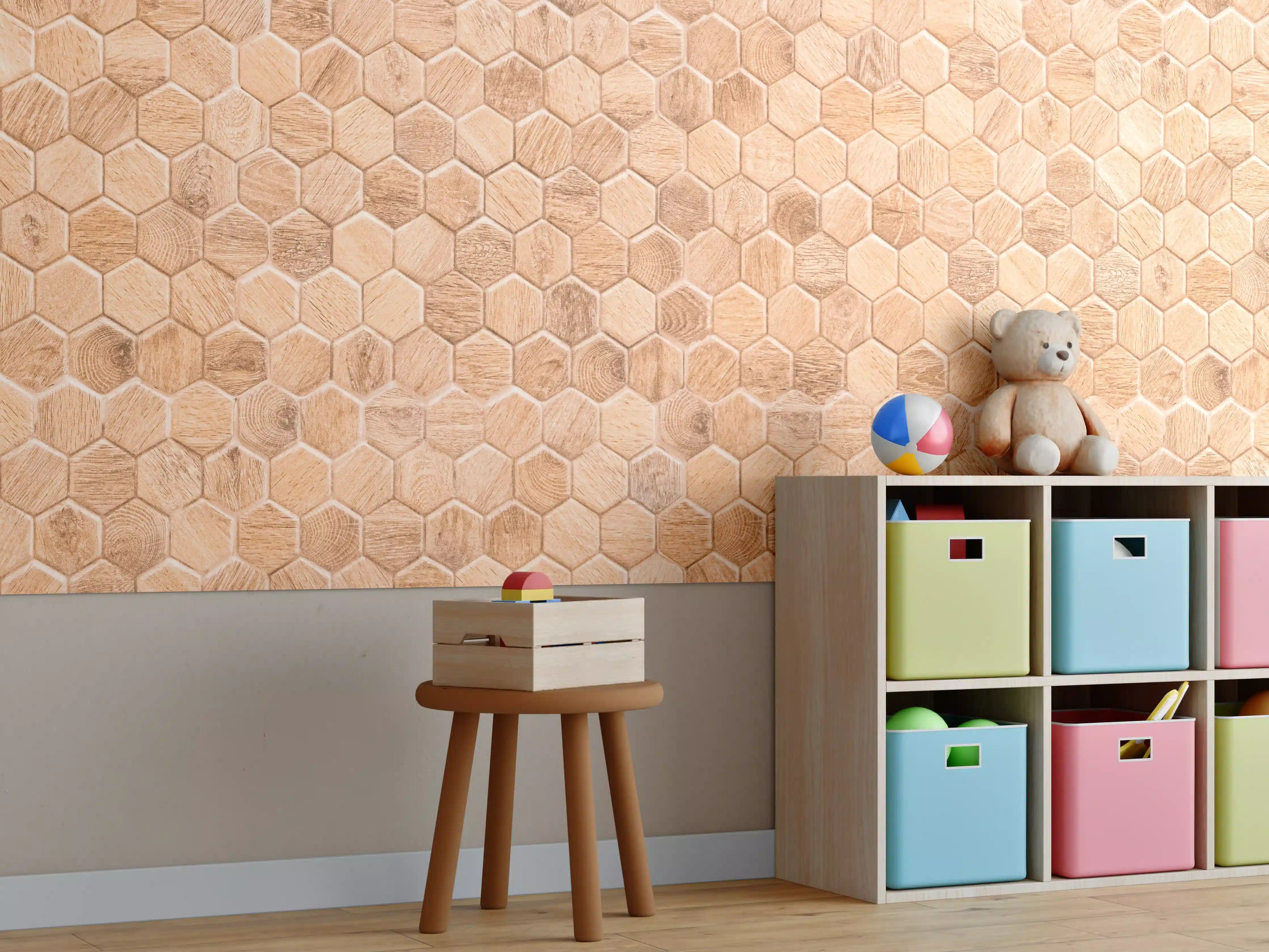 Kinderzimmer Wandgestaltung - Hexagon Holz Wabenmuster