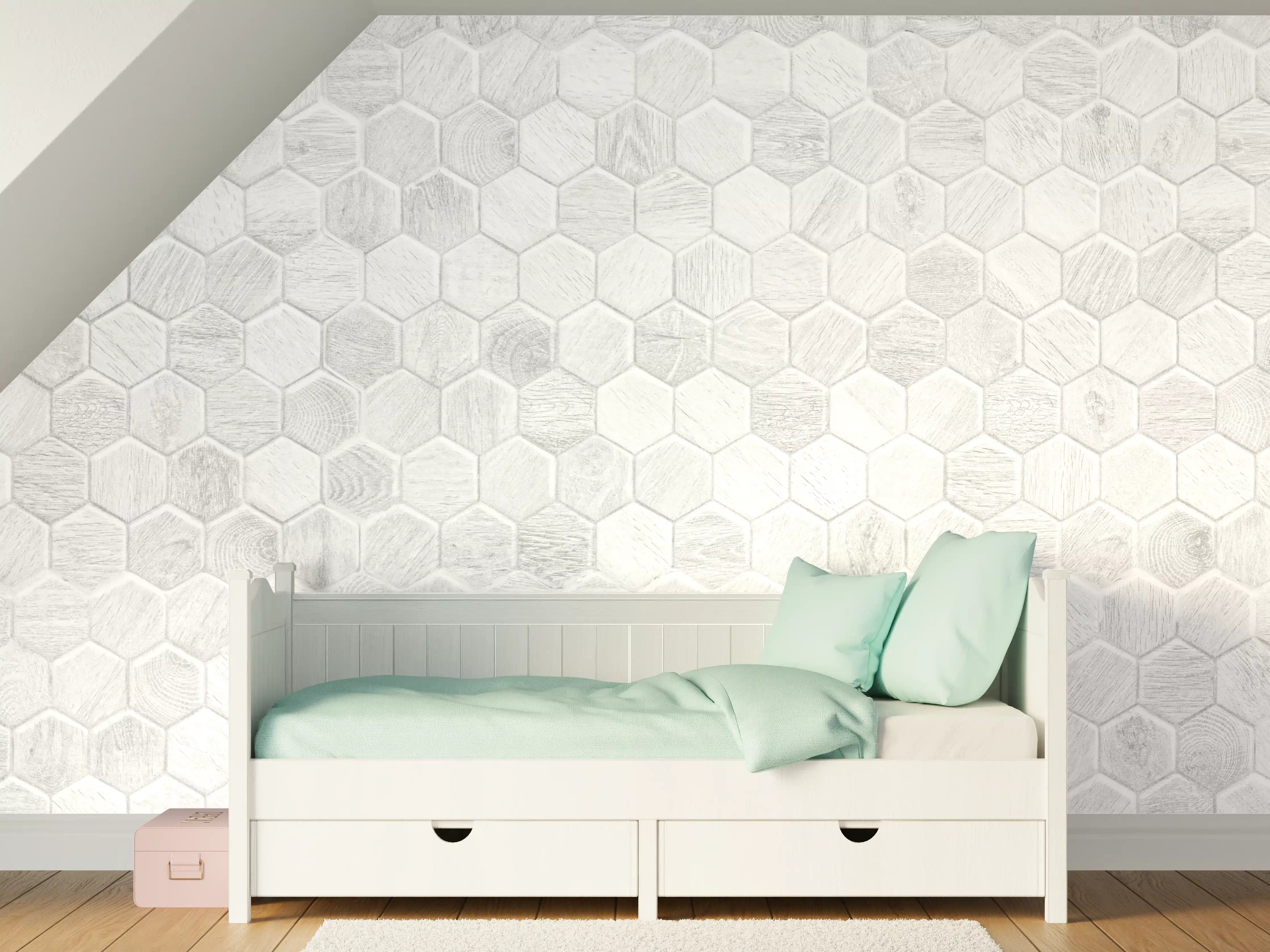Kinderzimmer Wandgestaltung - Hexagon-Holzpaneele Grau-Weiß