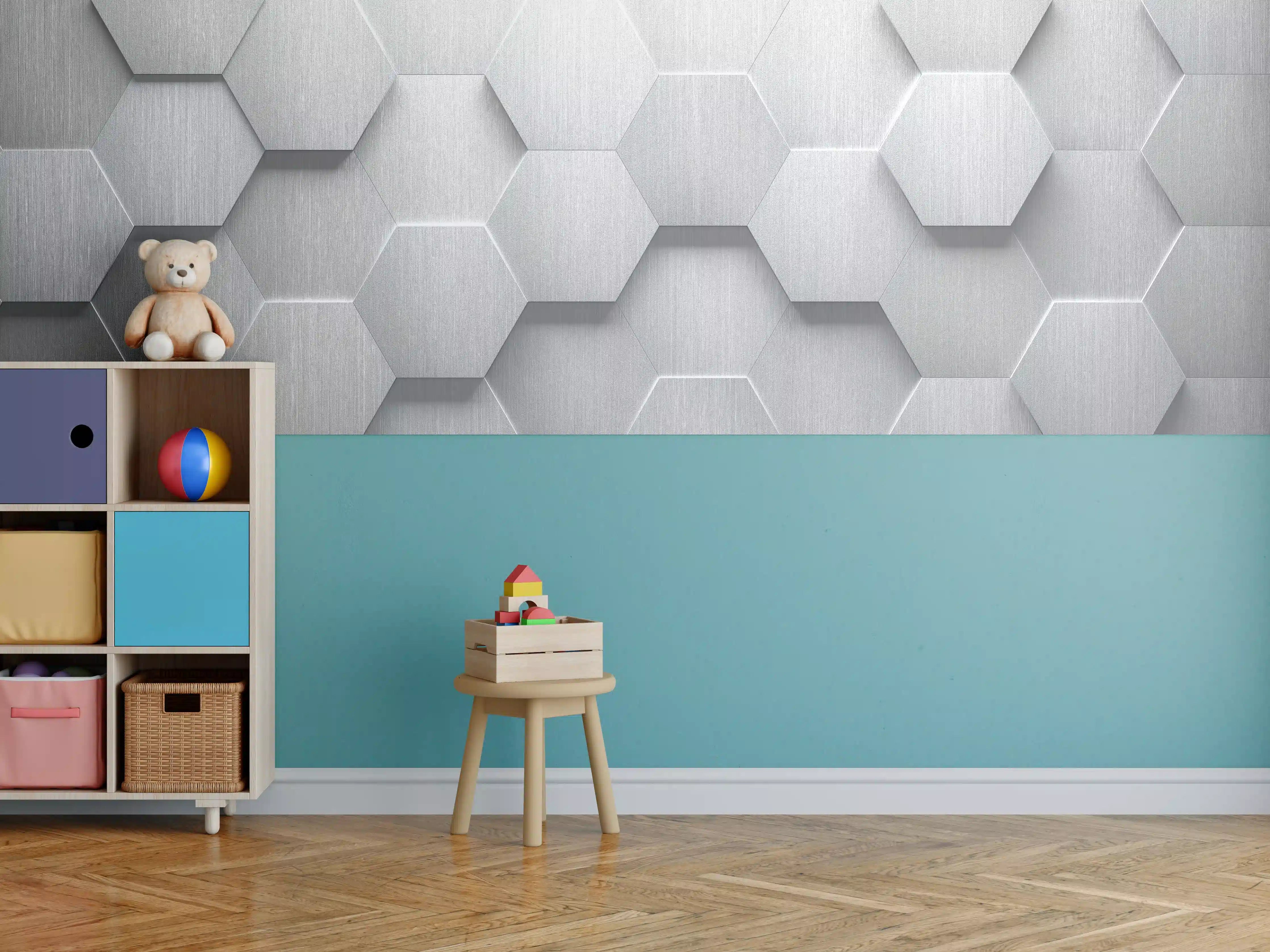 Kinderzimmer Wandgestaltung - Hexagon Metallstruktur Grau-Weiß