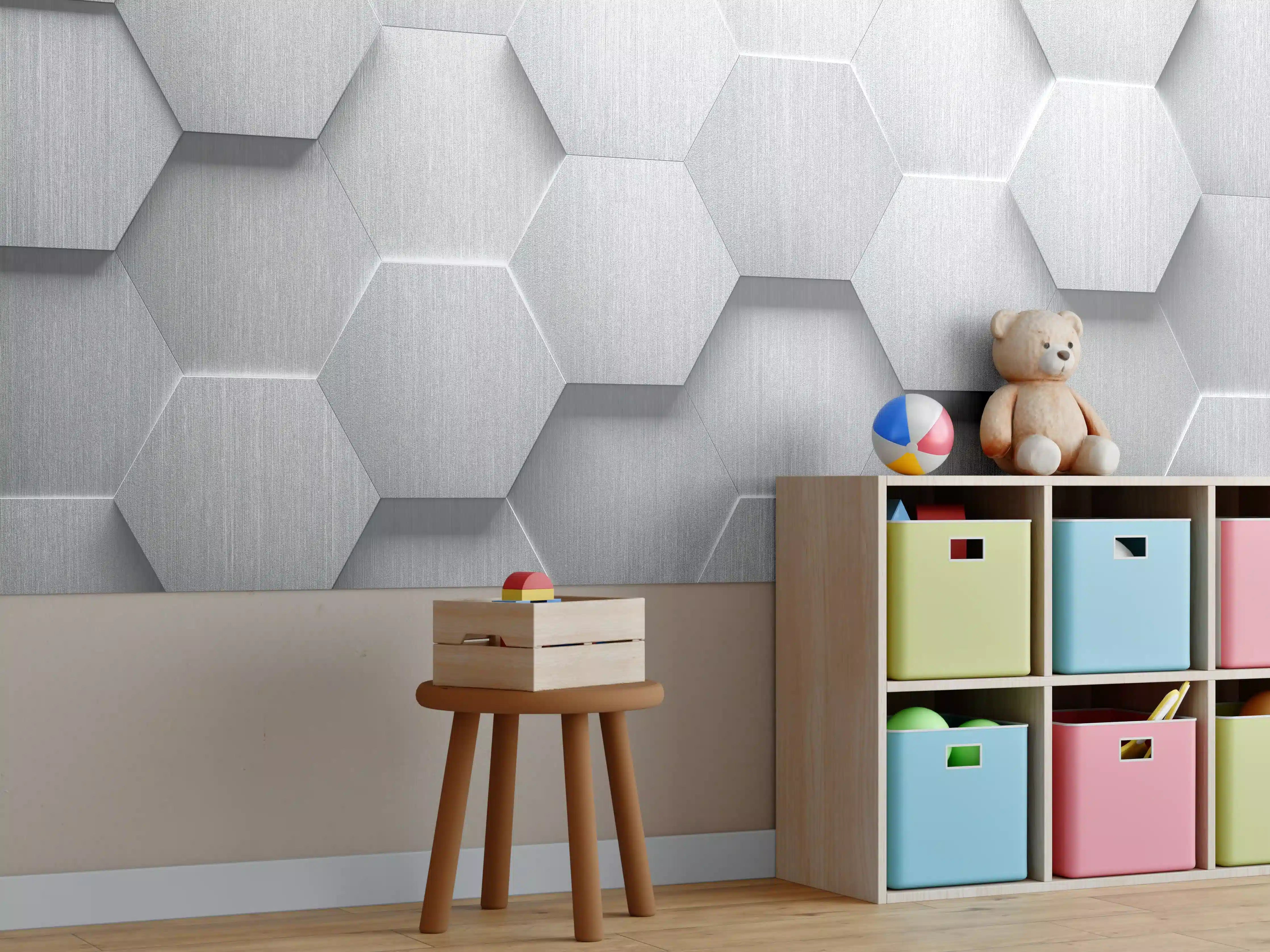 Kinderzimmer Wandgestaltung - Hexagon Metallstruktur Grau-Weiß