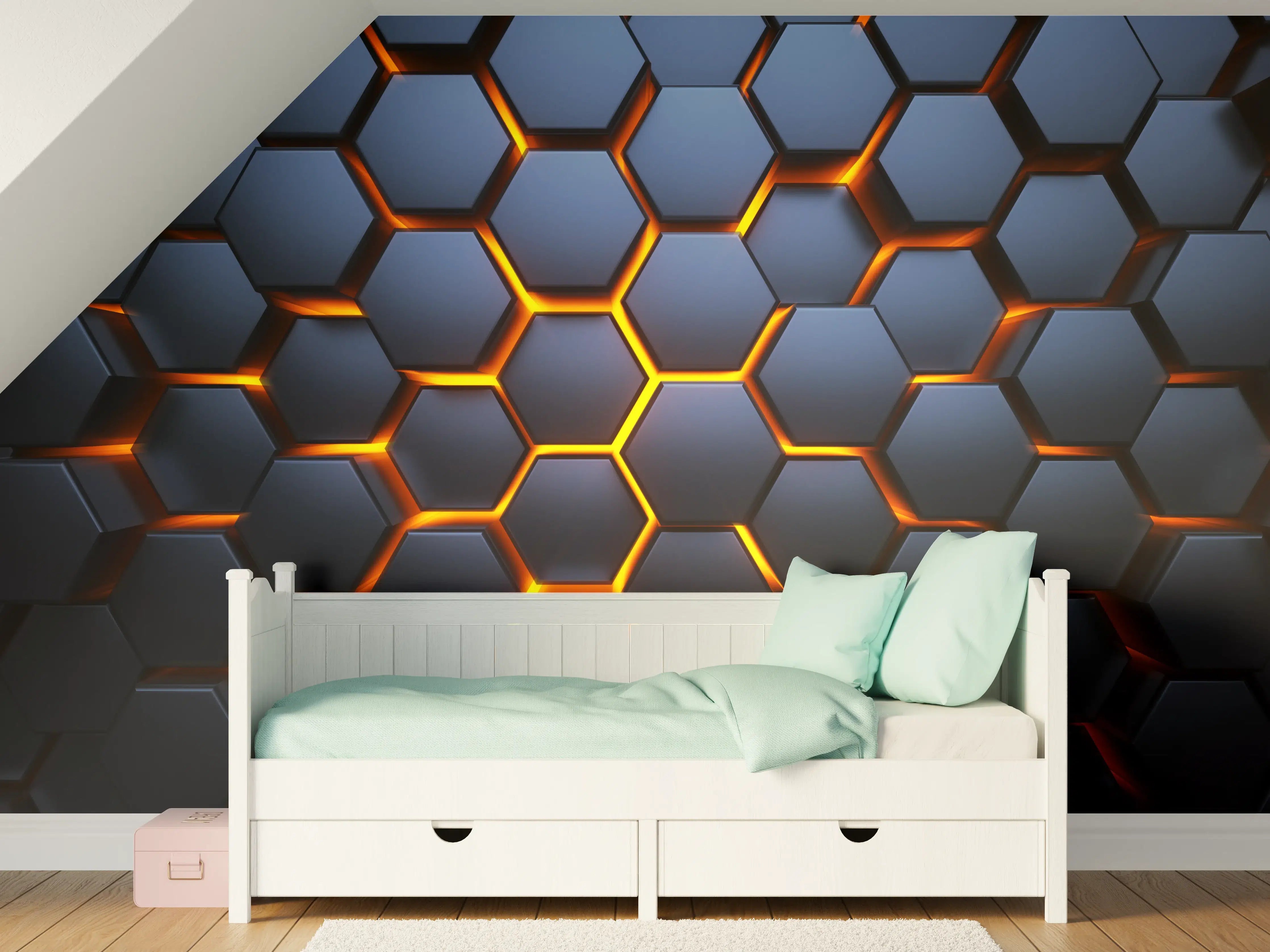 Kinderzimmer Wandgestaltung - Hexagon-Muster in Blau-Orange
