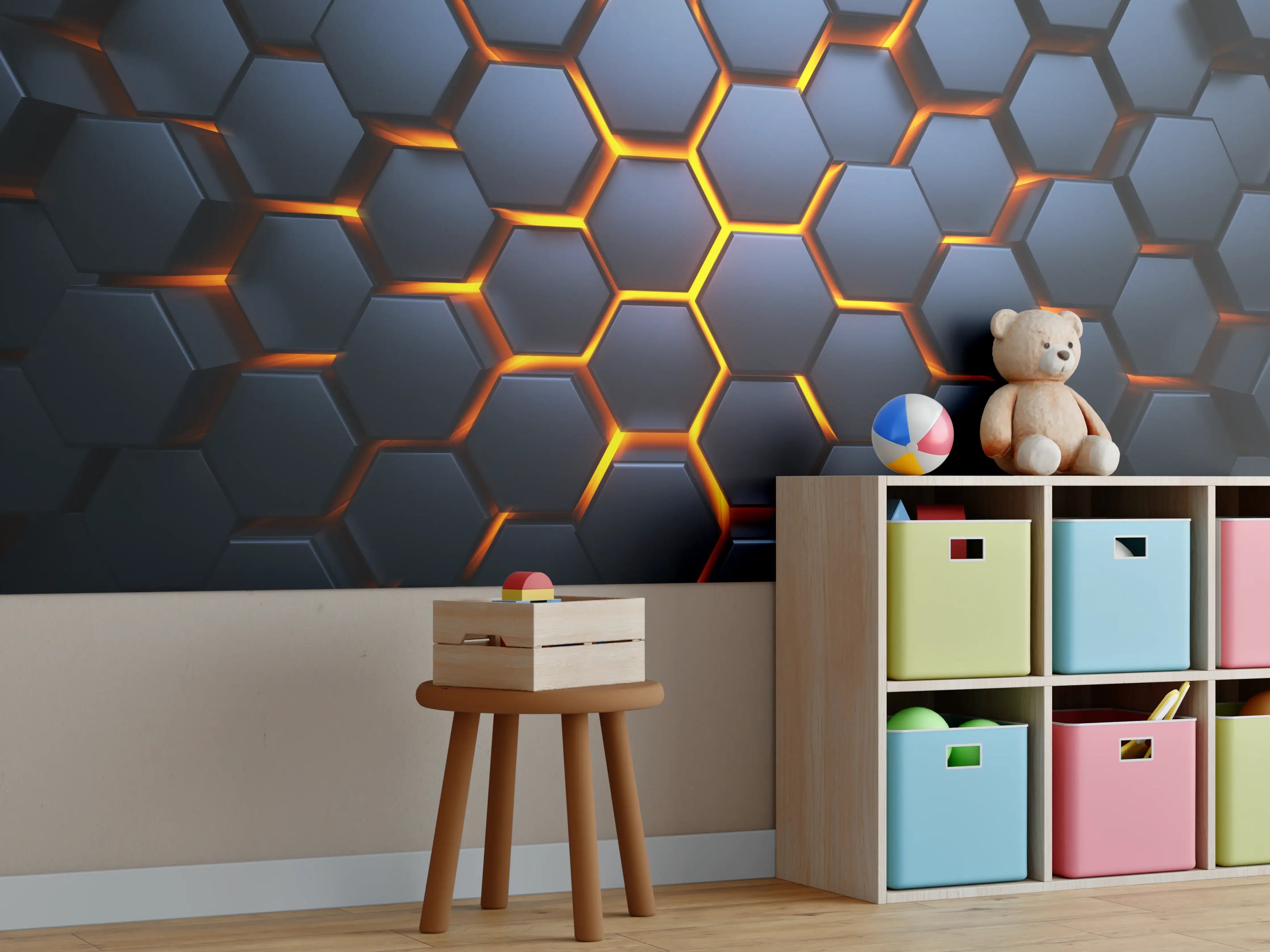 Kinderzimmer Wandgestaltung - Hexagon-Muster in Blau-Orange