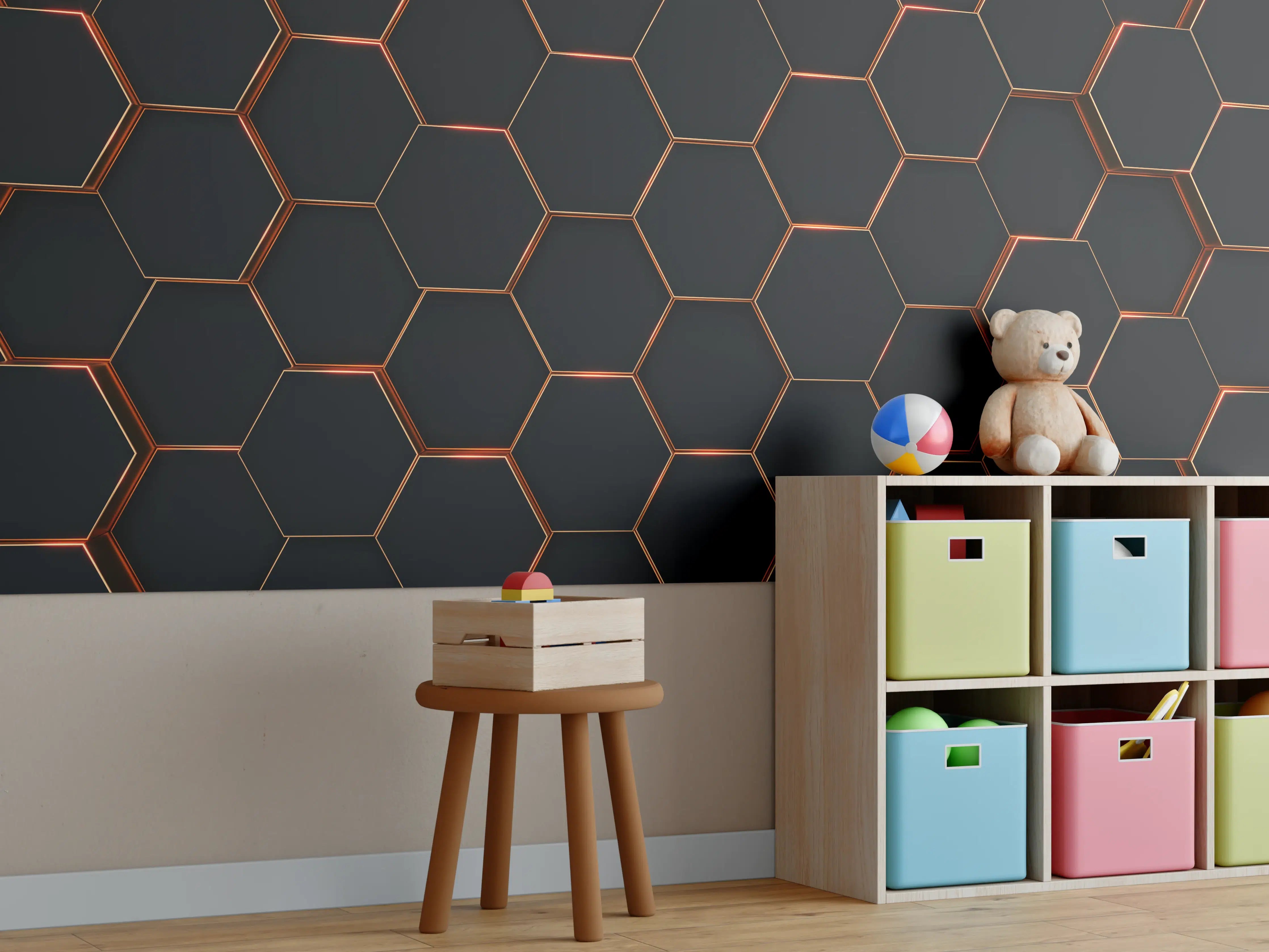 Kinderzimmer Wandgestaltung - Hexagon Schwarz-Gold Muster