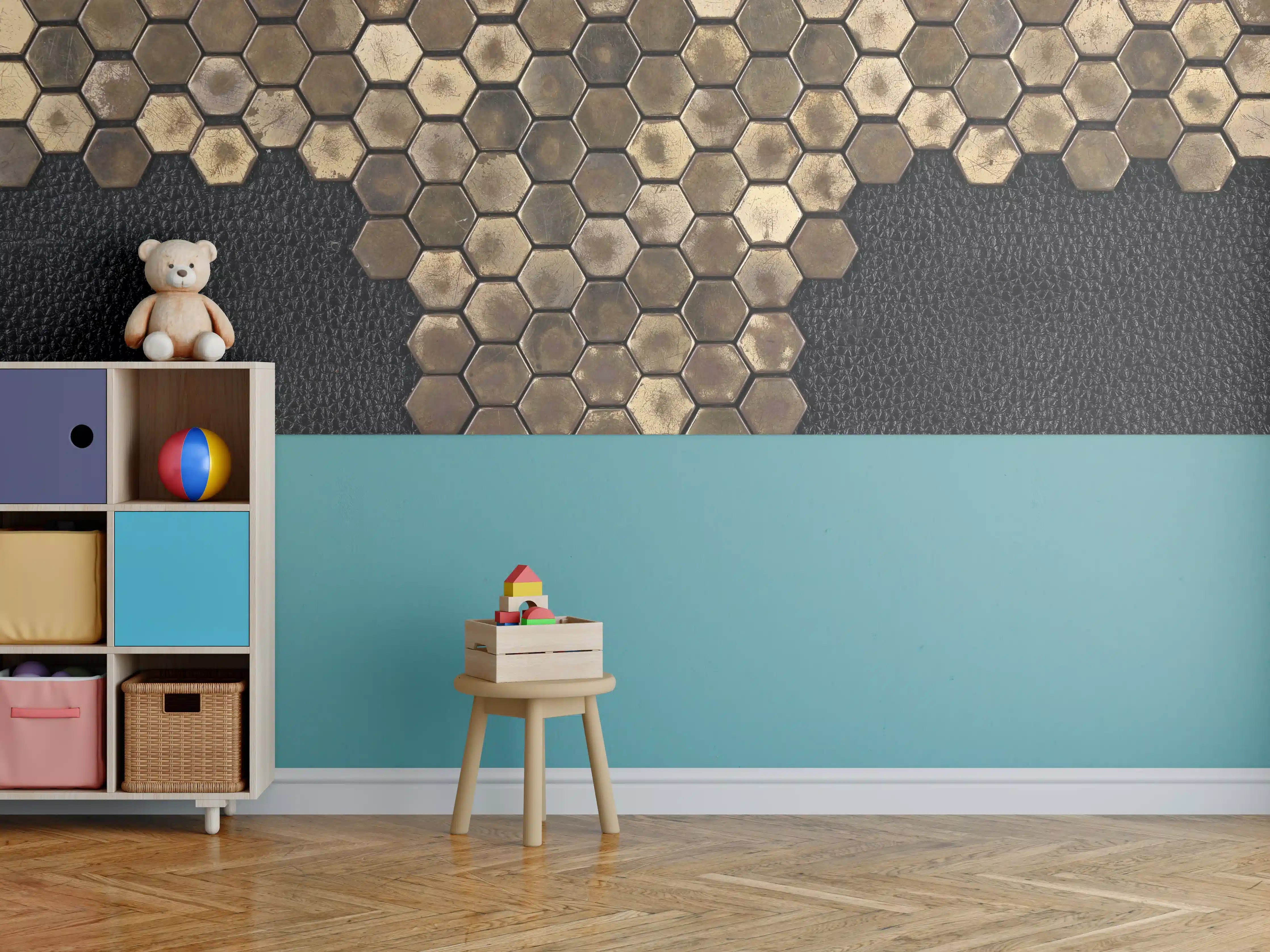 Kinderzimmer Wandgestaltung - Hexagonale Holzmuster in Naturtönen