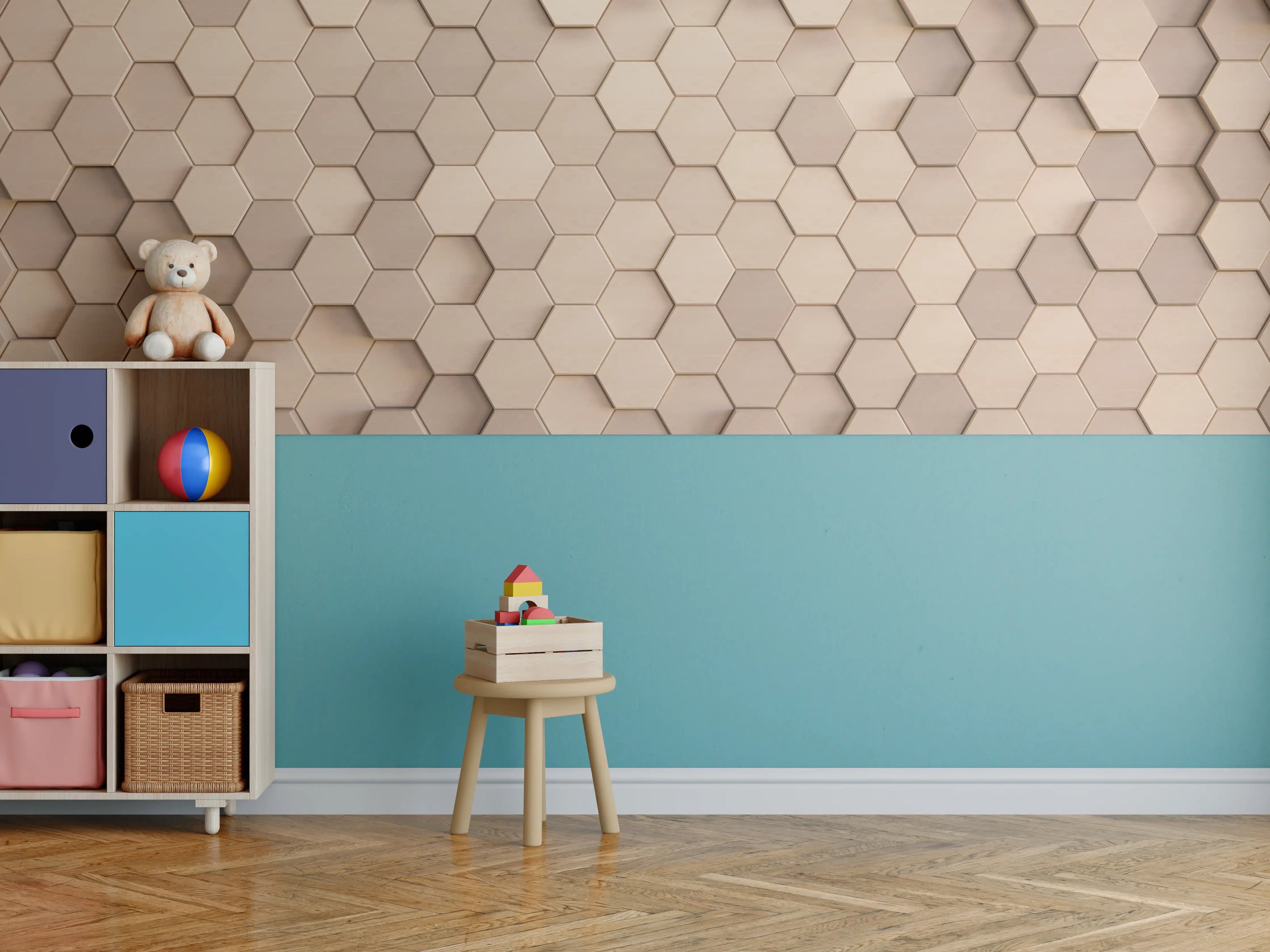 Kinderzimmer Wandgestaltung - Hexagonale Holzstruktur in Beige