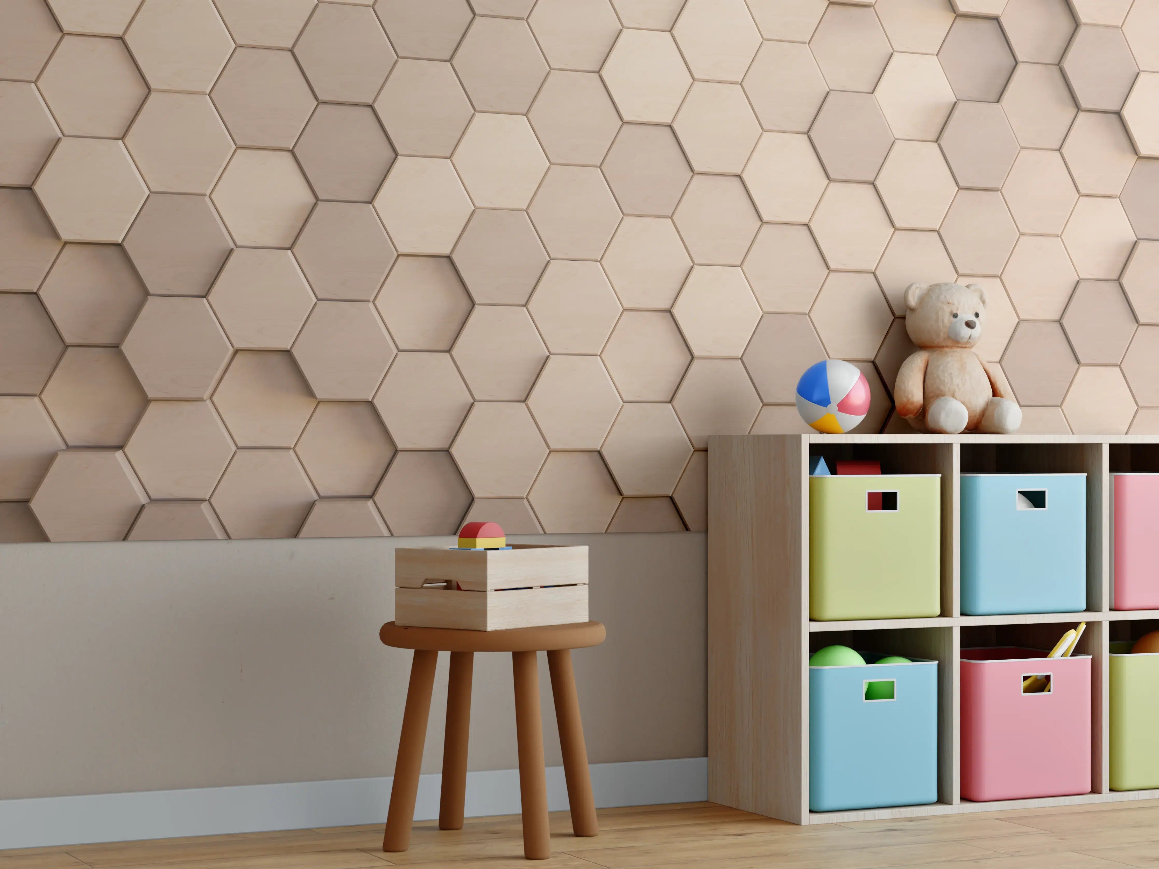 Kinderzimmer Wandgestaltung - Hexagonale Holzstruktur in Beige