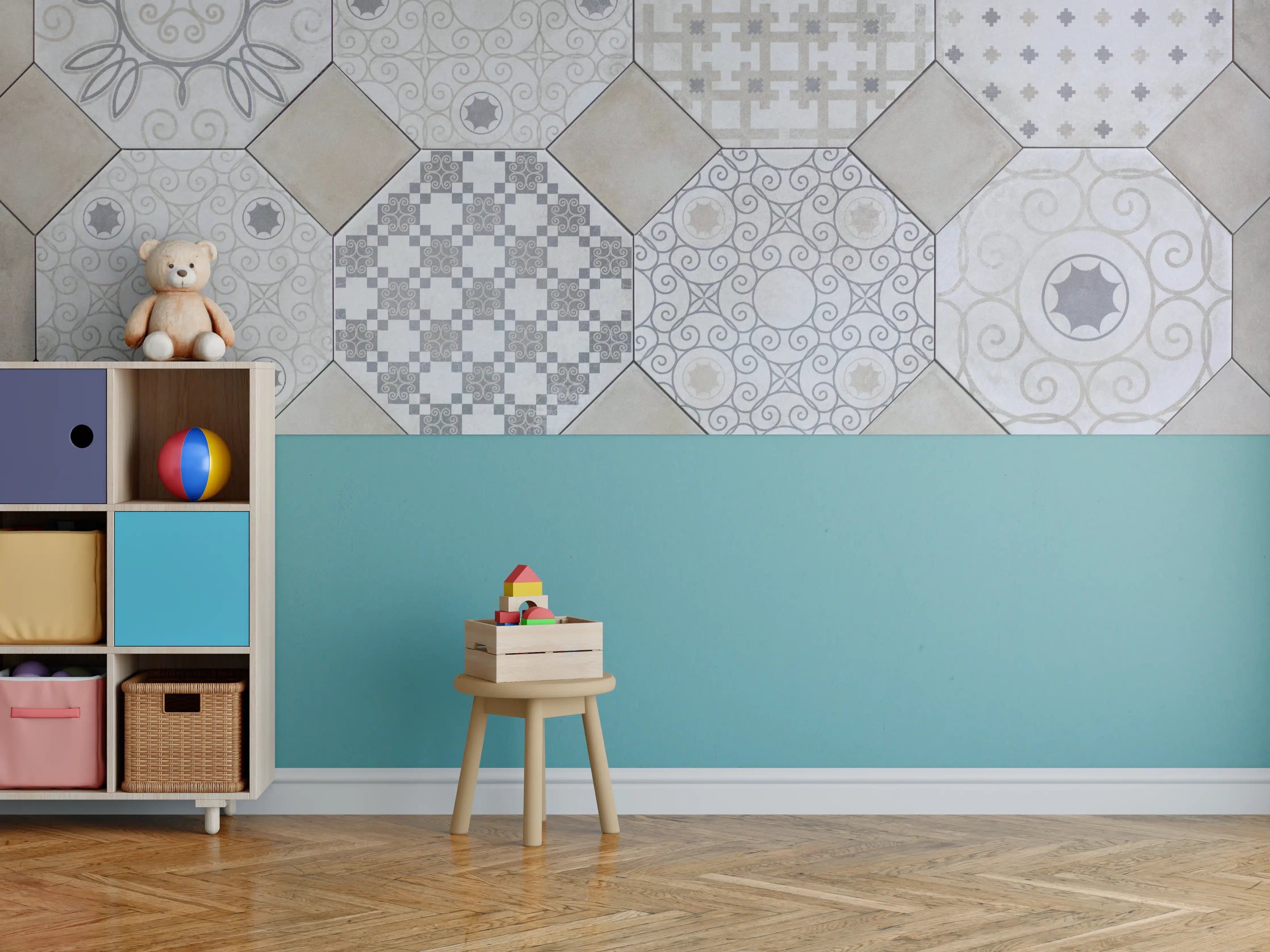 Kinderzimmer Wandgestaltung - Hexagonale Weiß-Grau Fliesenmuster
