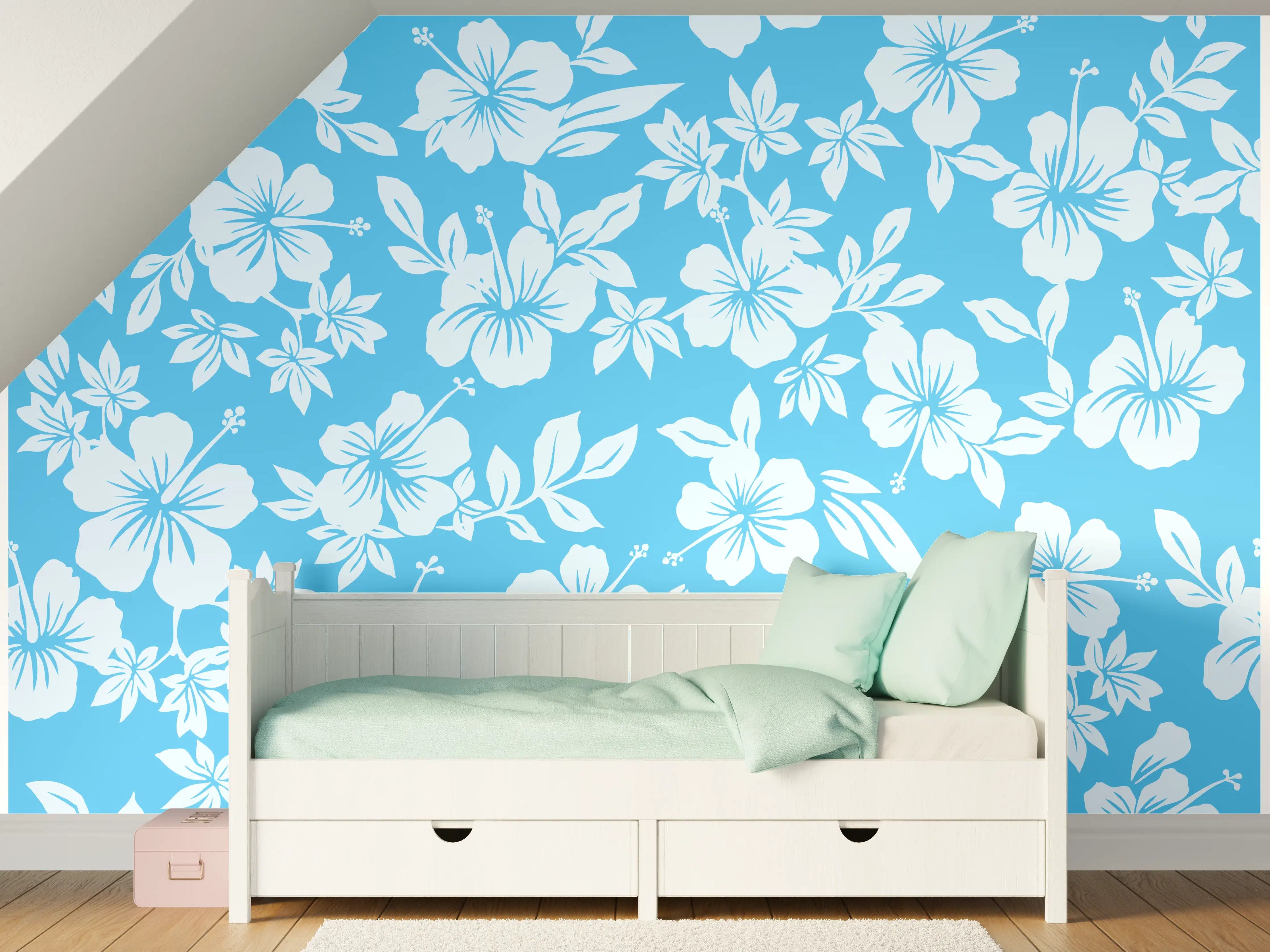 Kinderzimmer Wandgestaltung - Hibiskus-Muster Hellblau