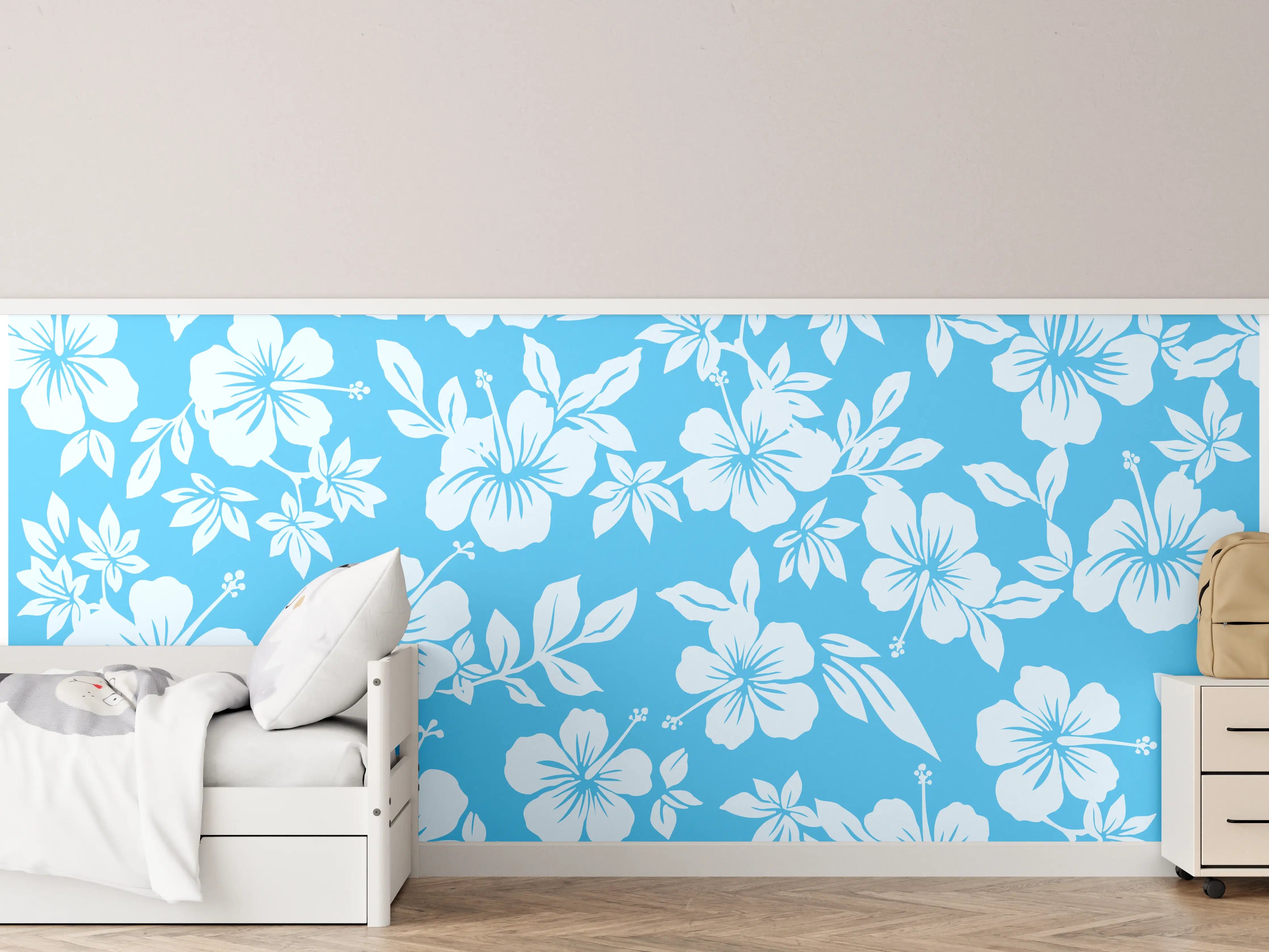 Kinderzimmer Wandgestaltung - Hibiskus-Muster Hellblau