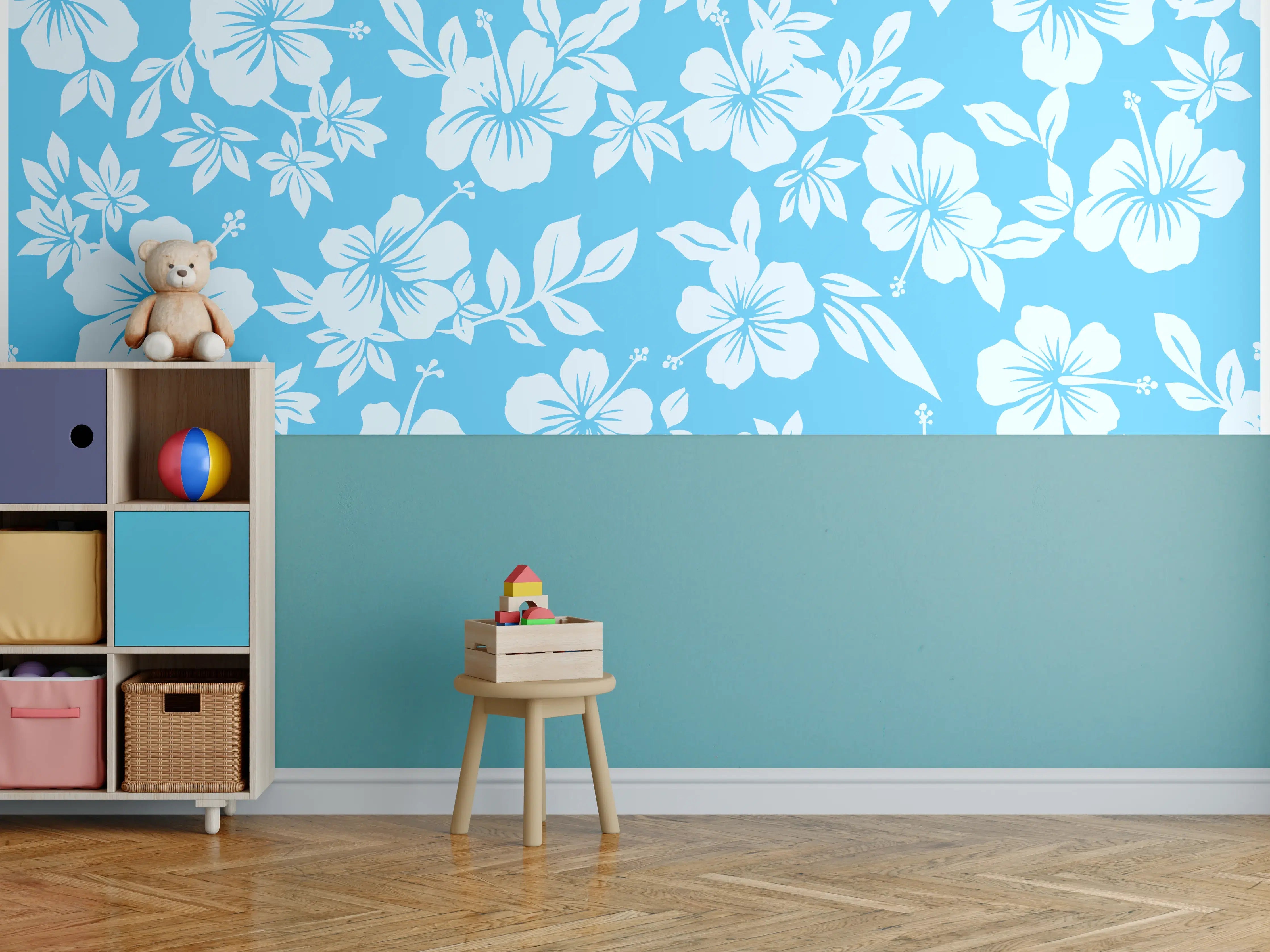 Kinderzimmer Wandgestaltung - Hibiskus-Muster Hellblau