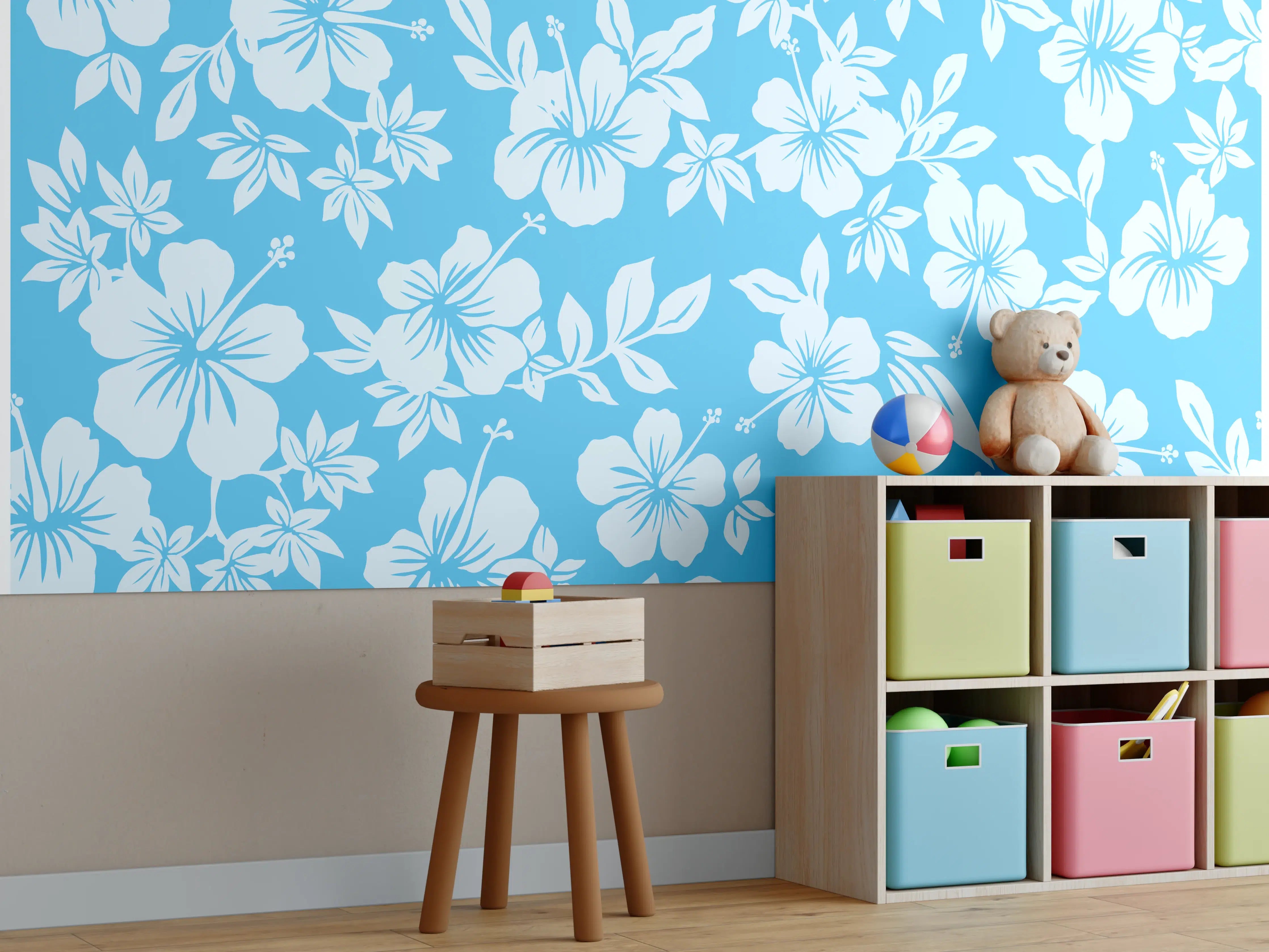 Kinderzimmer Wandgestaltung - Hibiskus-Muster Hellblau