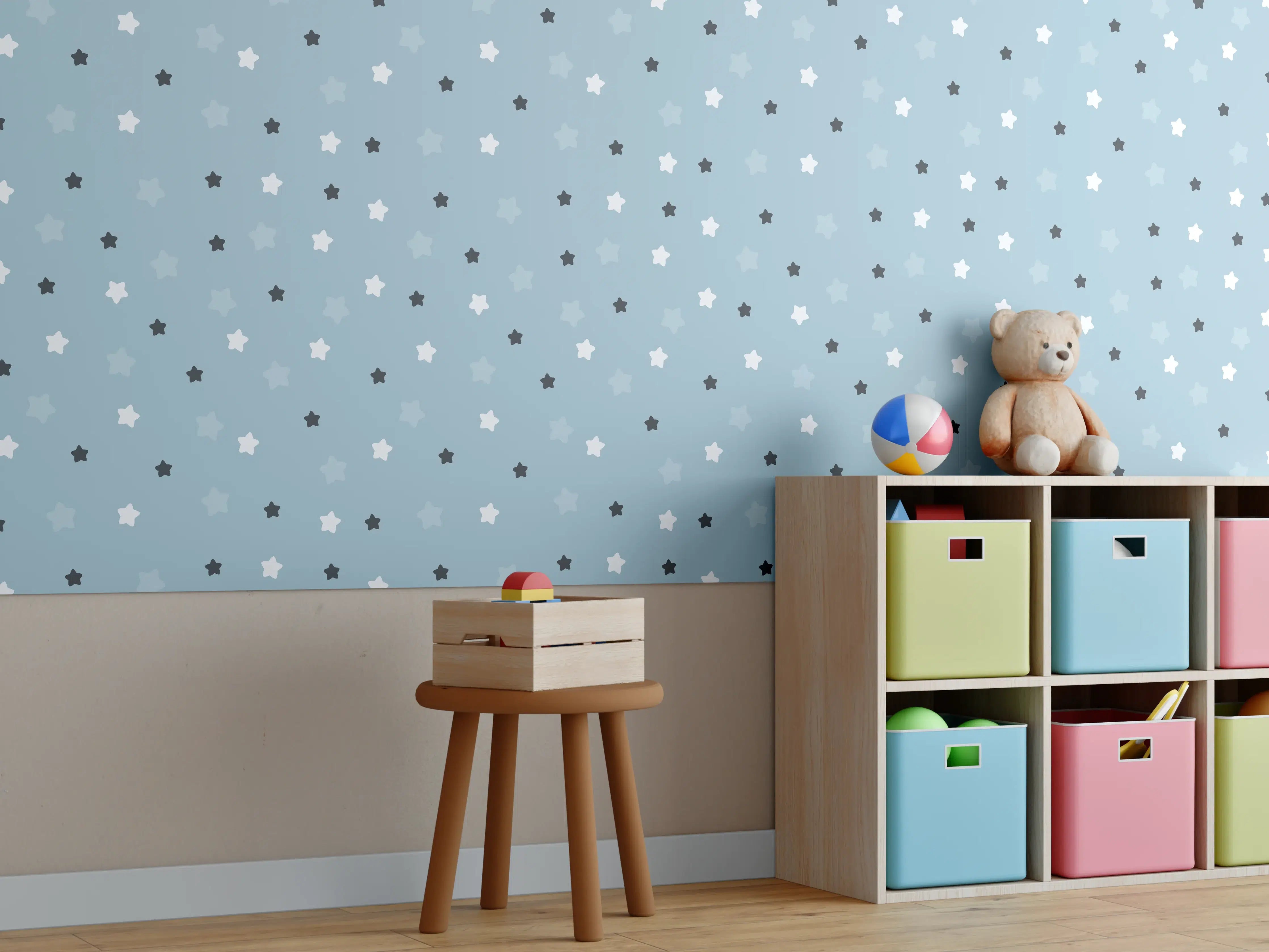 Kinderzimmer Wandgestaltung - Himmel mit Sternen auf hellblauem Hintergrund