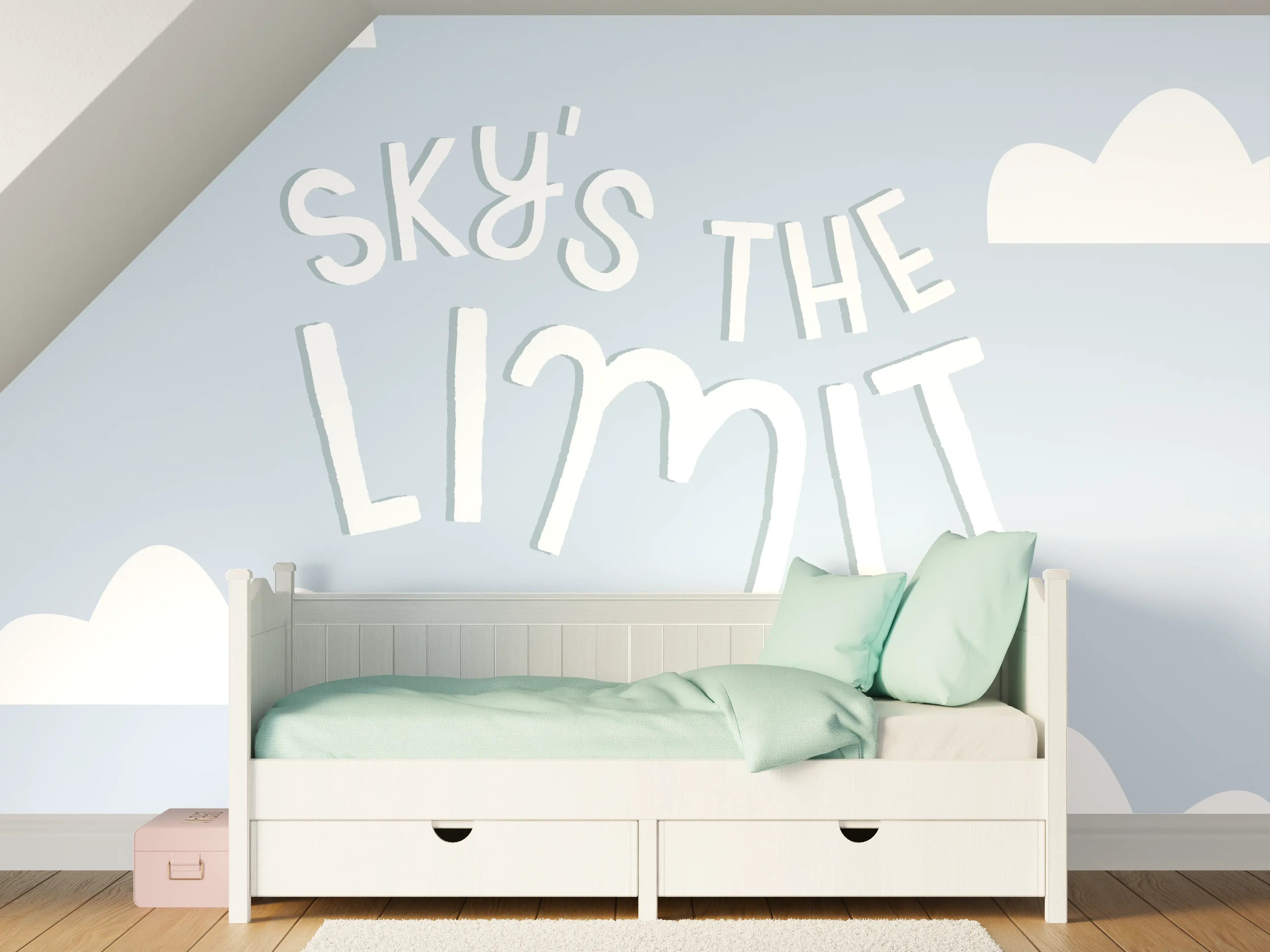 Kinderzimmer Wandgestaltung - Himmel mit Wolken und Inspiriertem Spruch