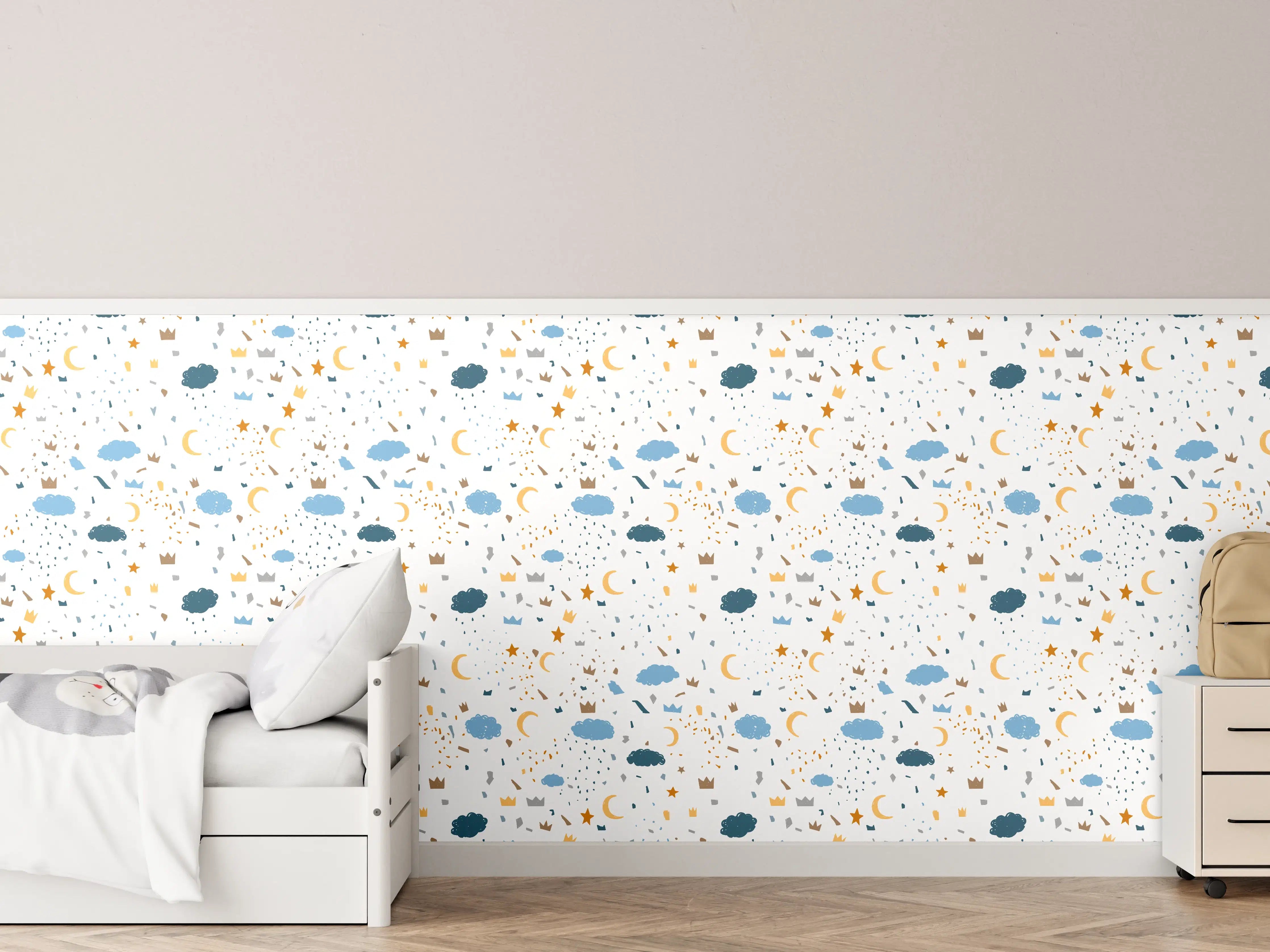 Kinderzimmer Wandgestaltung - Himmel mit Wolken und Sternen in sanften Blau- und Grautönen