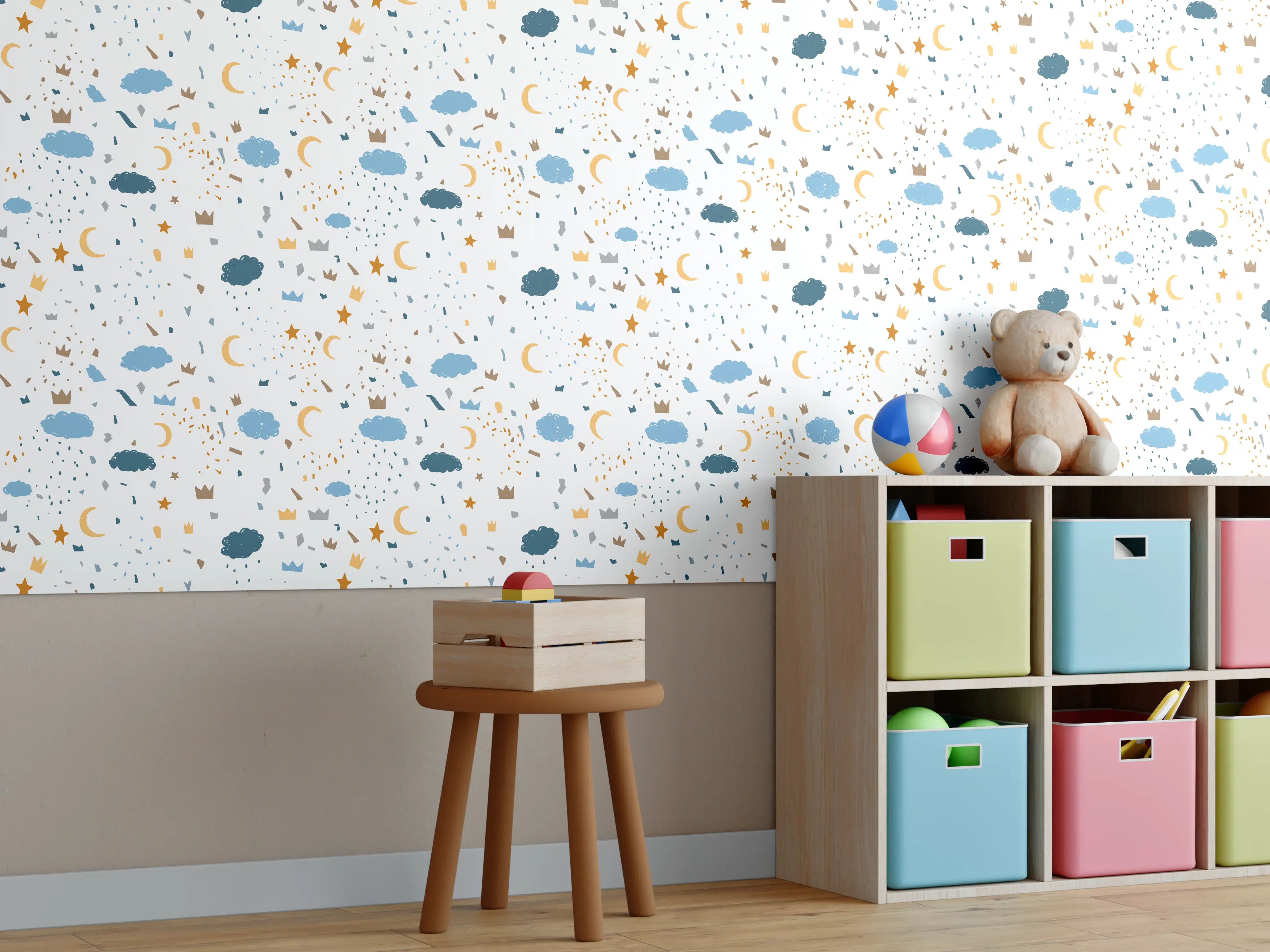Kinderzimmer Wandgestaltung - Himmel mit Wolken und Sternen in sanften Blau- und Grautönen