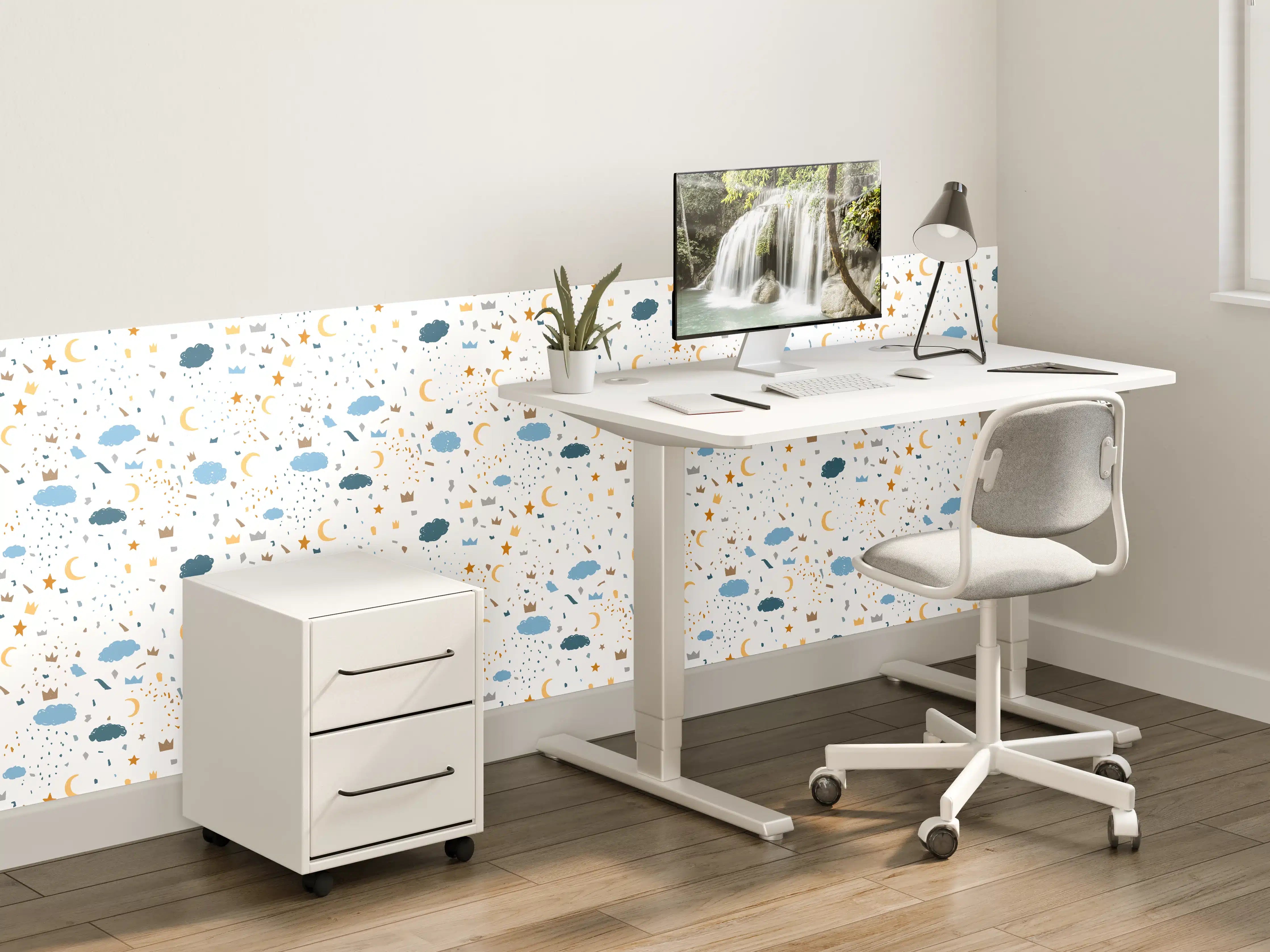 Kinderzimmer Wandgestaltung - Himmel mit Wolken und Sternen in sanften Blau- und Grautönen