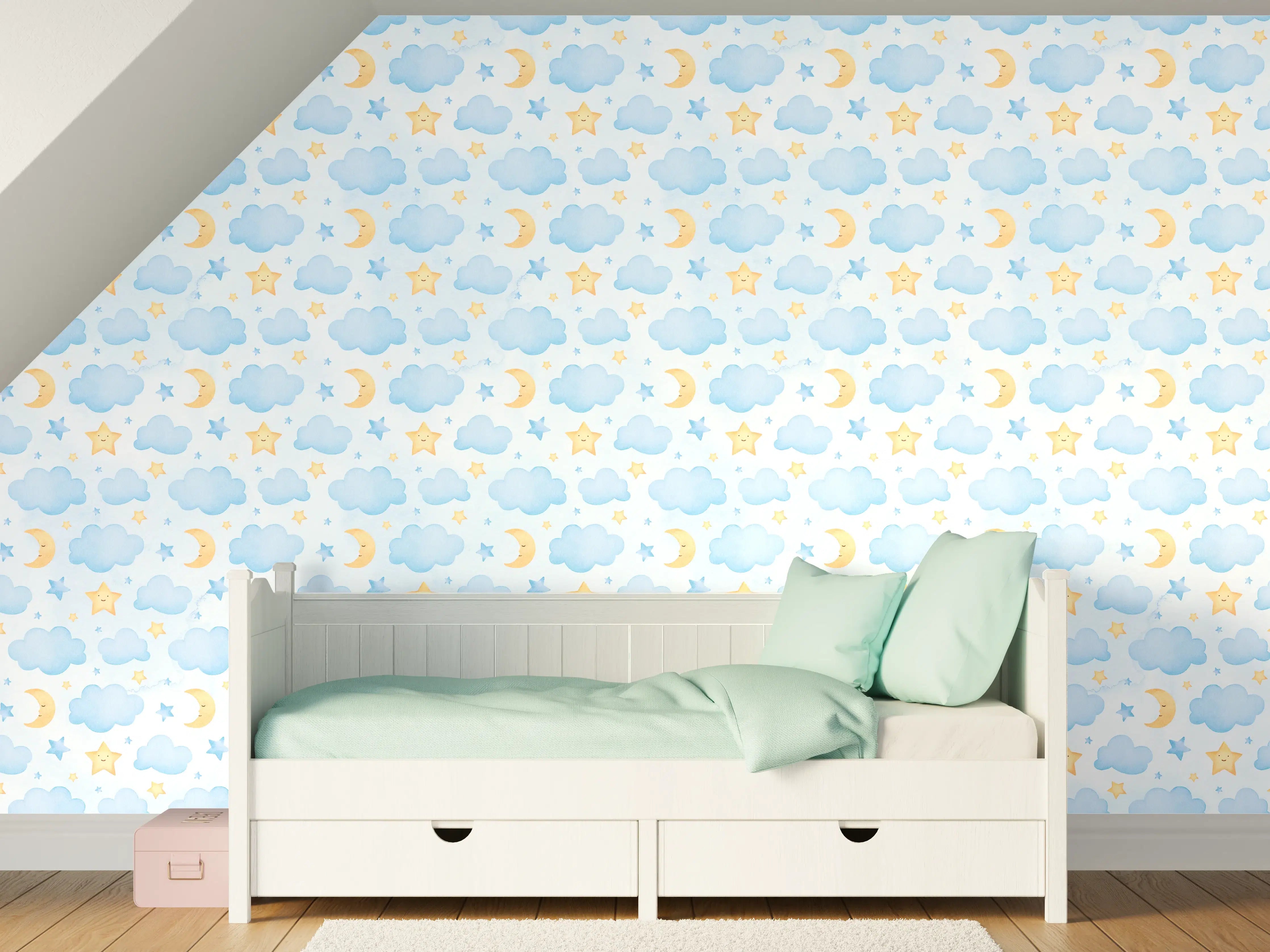 Kinderzimmer Wandgestaltung - Himmel mit Wolken und Sternen, sanfte Farbtöne
