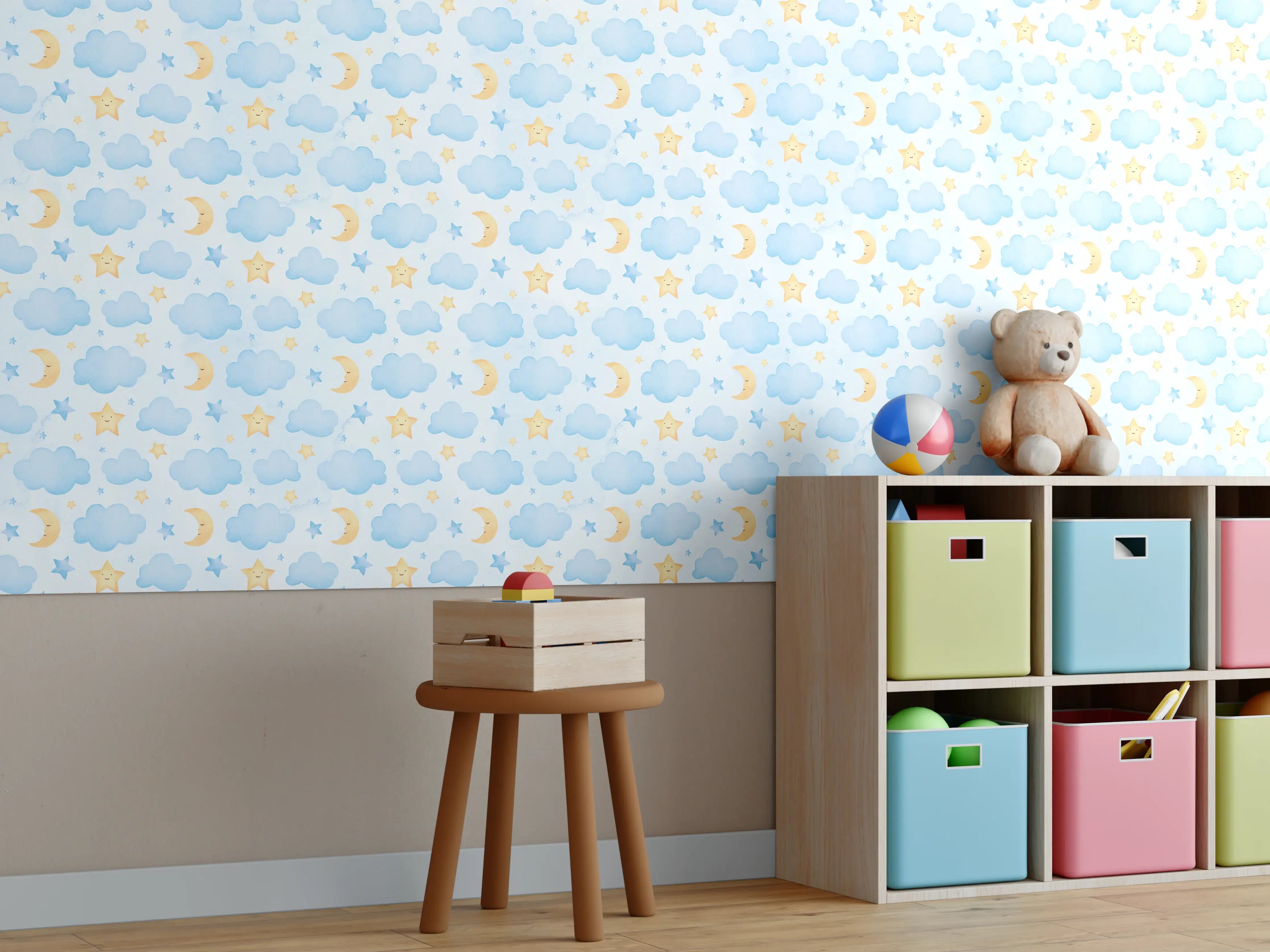 Kinderzimmer Wandgestaltung - Himmel mit Wolken und Sternen, sanfte Farbtöne